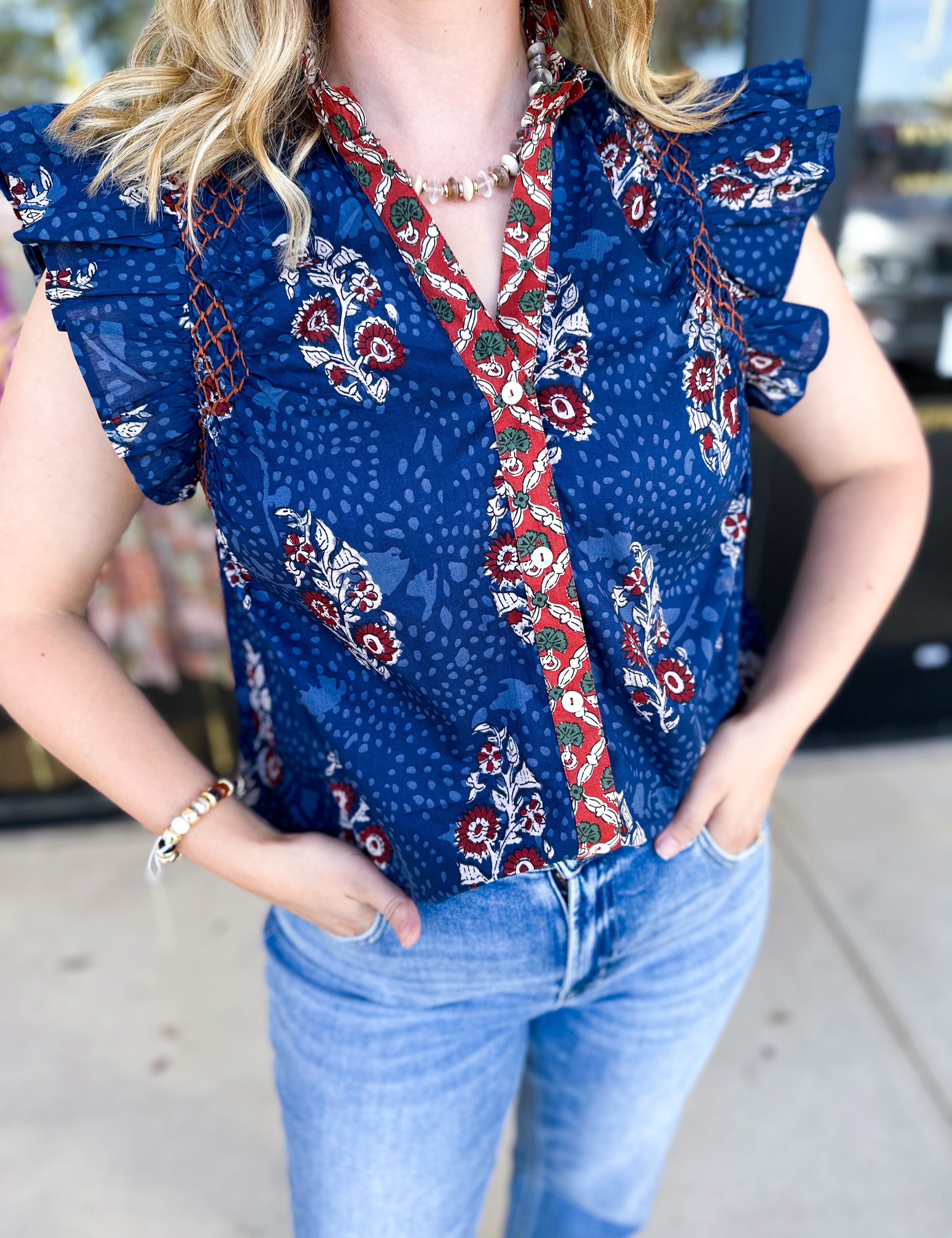 THML - Navy & Rust Blouse-200 Fashion Blouses-THML-July & June Women's Fashion Boutique Located in San Antonio, Texas