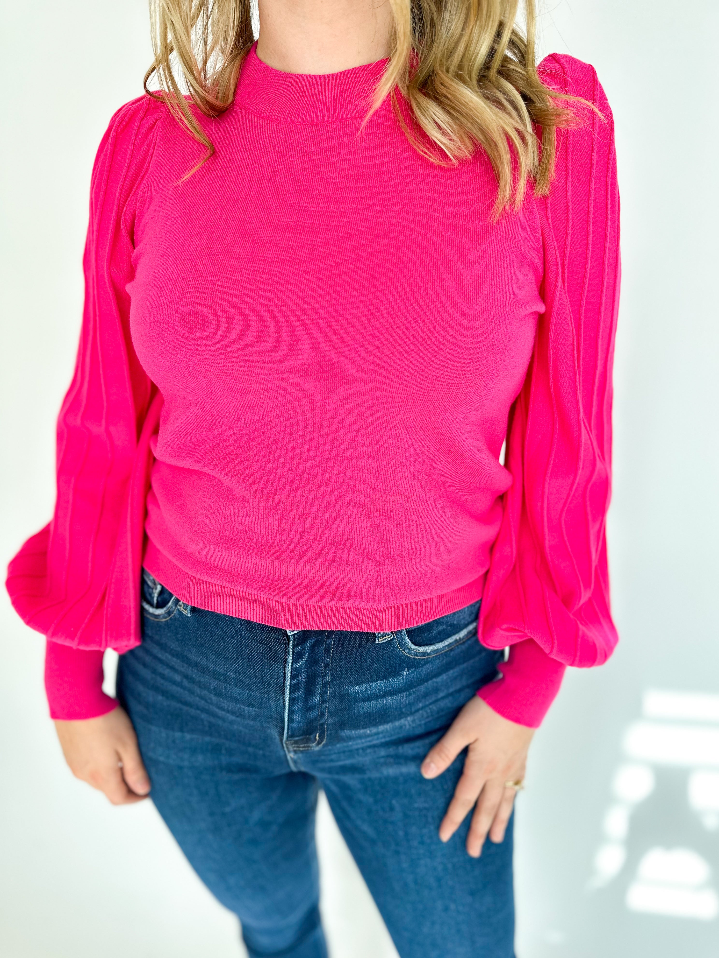 Pleated Sweater- Hot Pink-230 Sweaters/Cardis-&MERCI-July & June Women's Fashion Boutique Located in San Antonio, Texas
