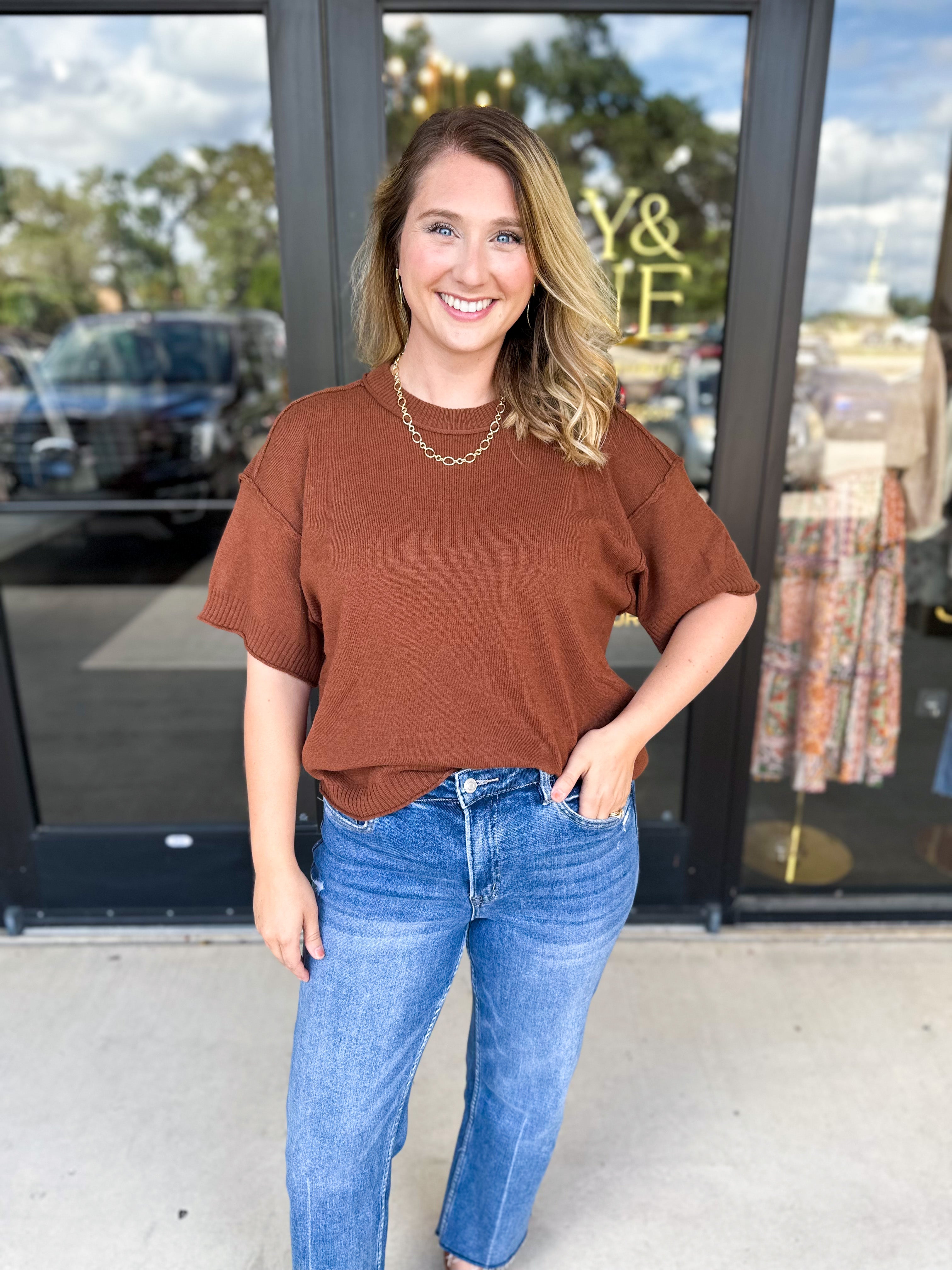 The Ella Knit Sweater Top - Brown-230 Sweaters/Cardis-JODIFL-July & June Women's Fashion Boutique Located in San Antonio, Texas