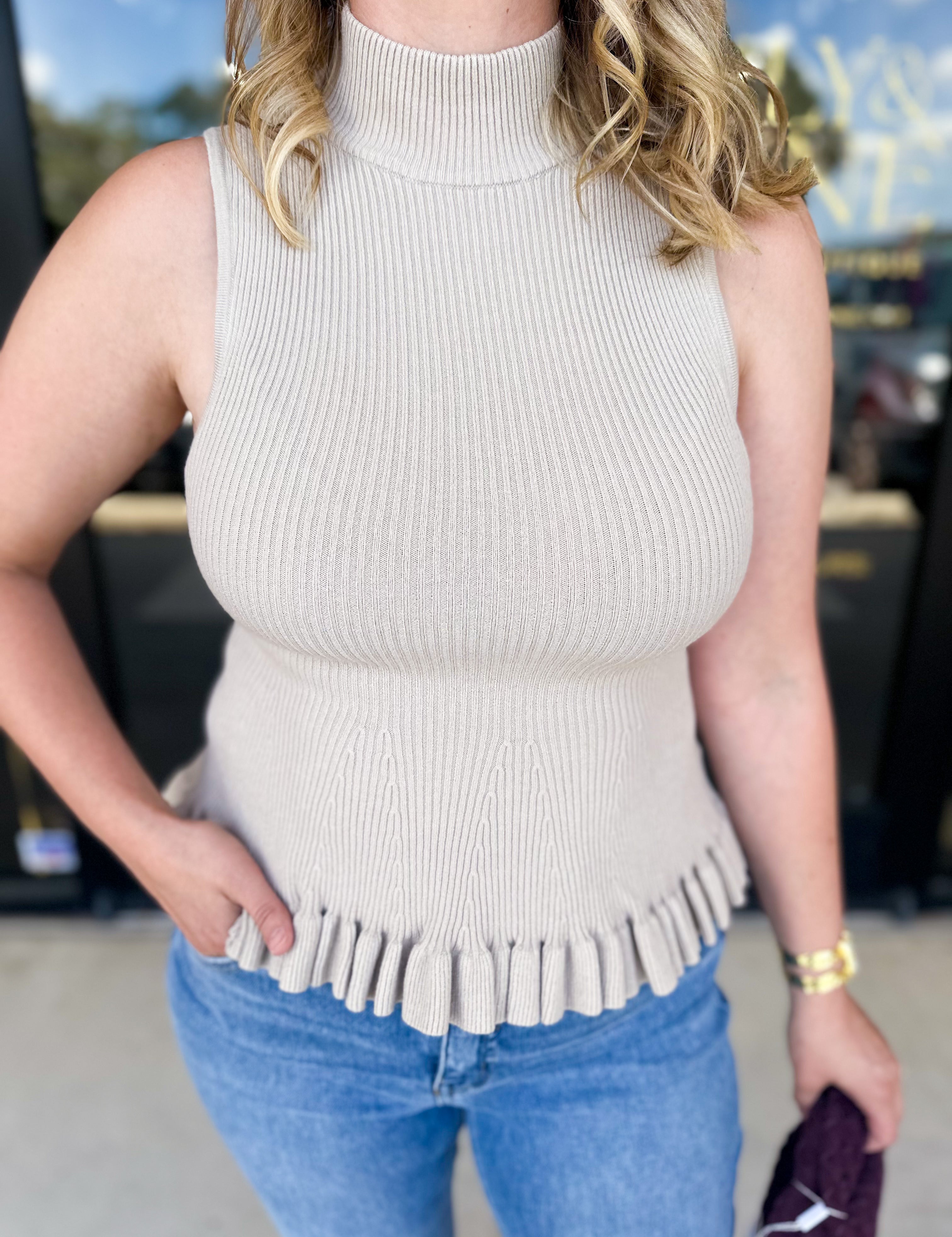 Ruffle Knit Tank Top - Taupe-230 Sweaters/Cardis-FATE-July & June Women's Fashion Boutique Located in San Antonio, Texas