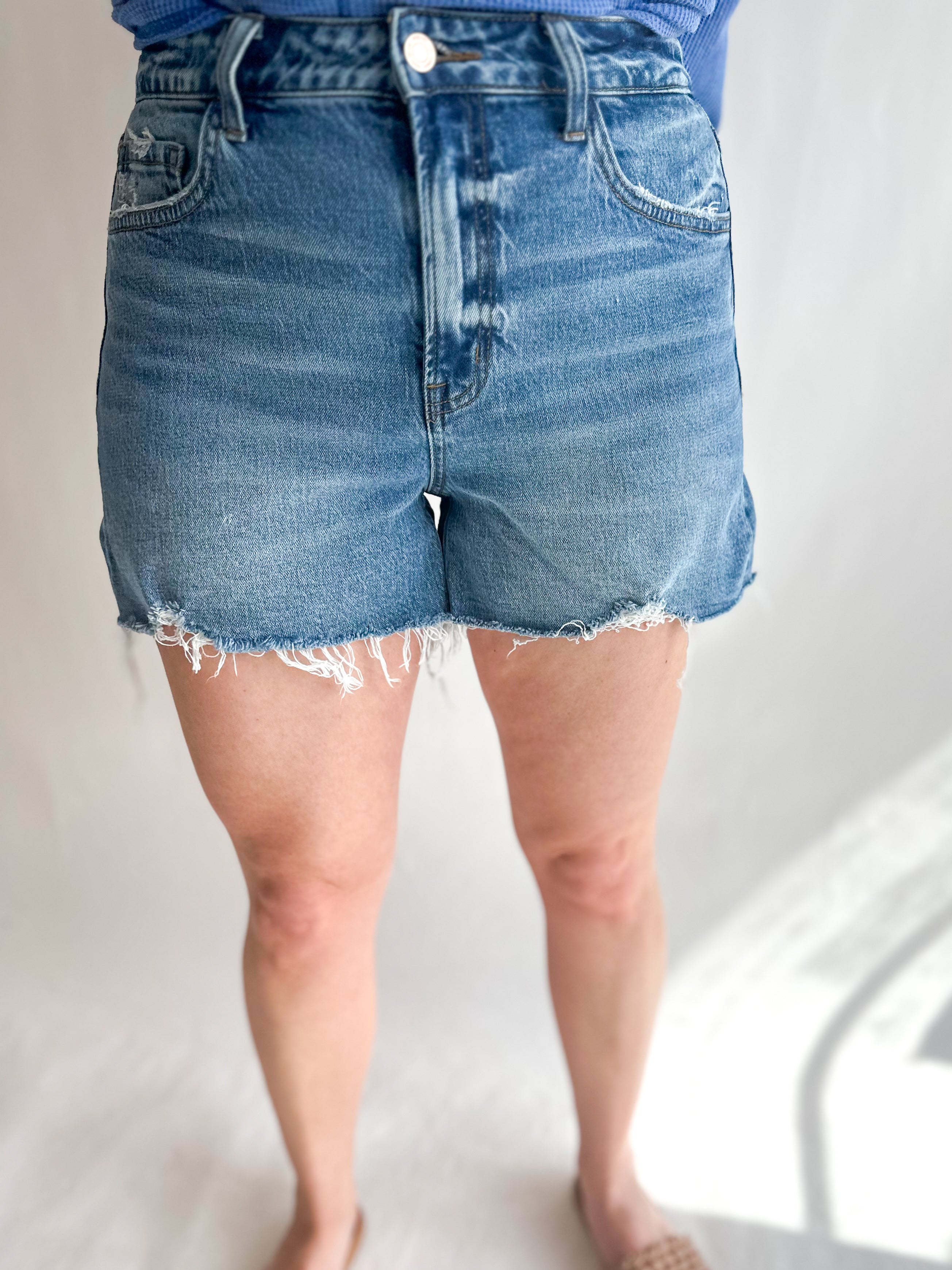 Vervet High Rise Distressed Denim Shorts-410 Shorts/Skirts-VEVERT BY FLYING MONKEY-July & June Women's Fashion Boutique Located in San Antonio, Texas