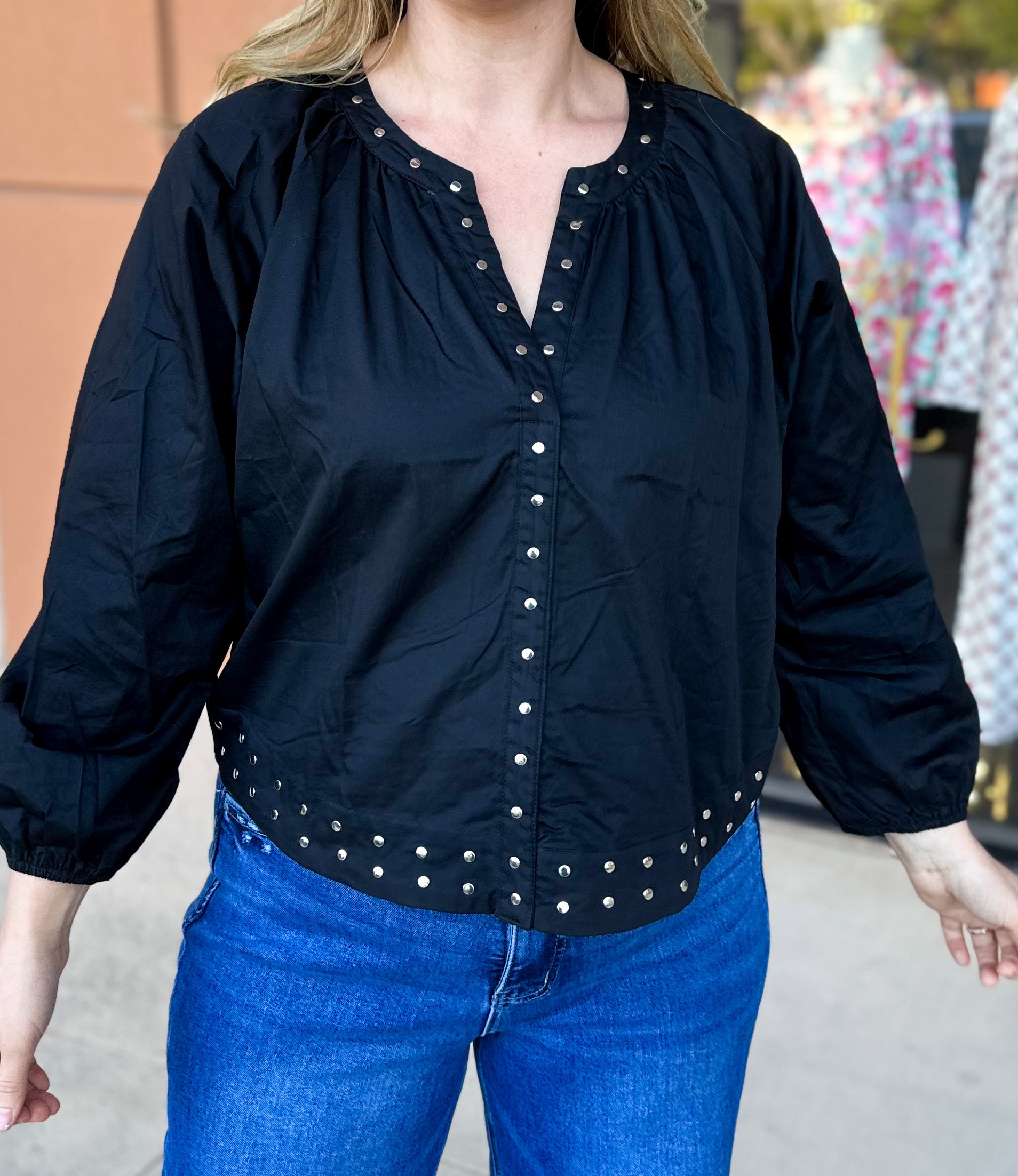 Studded Black Blouse-200 Fashion Blouses-TCEC-July & June Women's Fashion Boutique Located in San Antonio, Texas