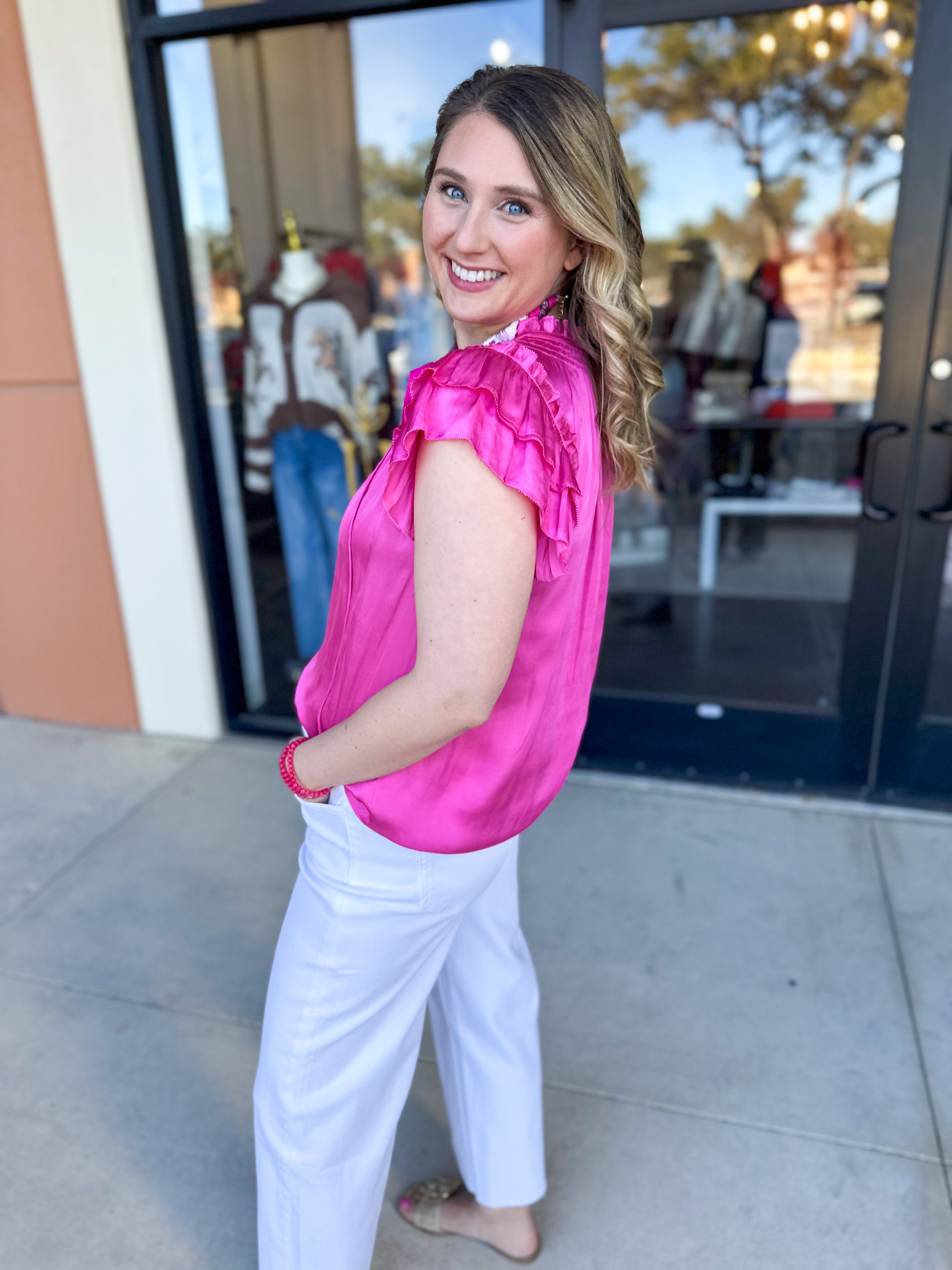 Current Air - Hot Pink Satin Blouse-200 Fashion Blouses-CURRENT AIR CLOTHING-July & June Women's Fashion Boutique Located in San Antonio, Texas