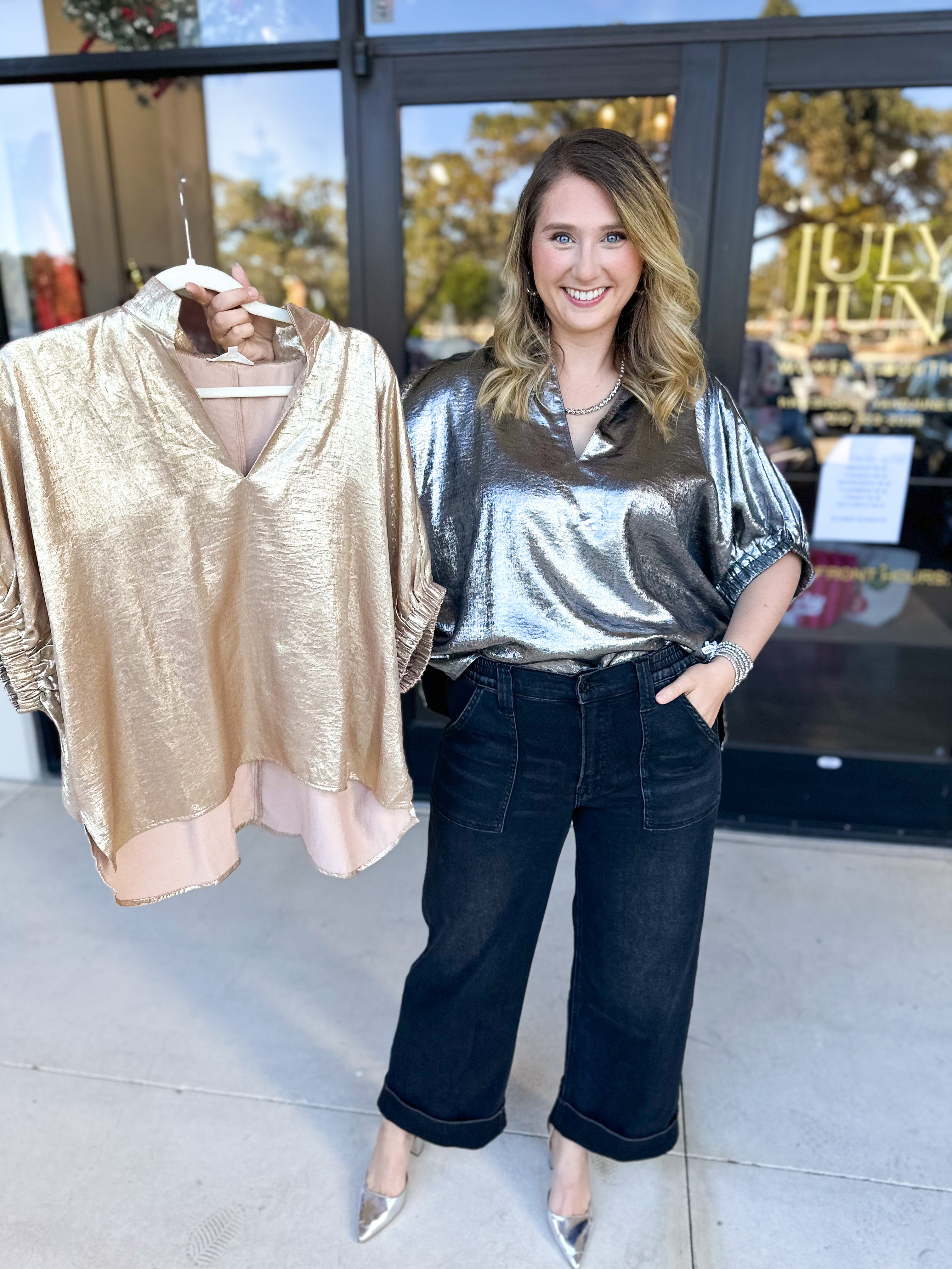 Celebration Blouse - Chrome-200 Fashion Blouses-ENTRO-July & June Women's Fashion Boutique Located in San Antonio, Texas