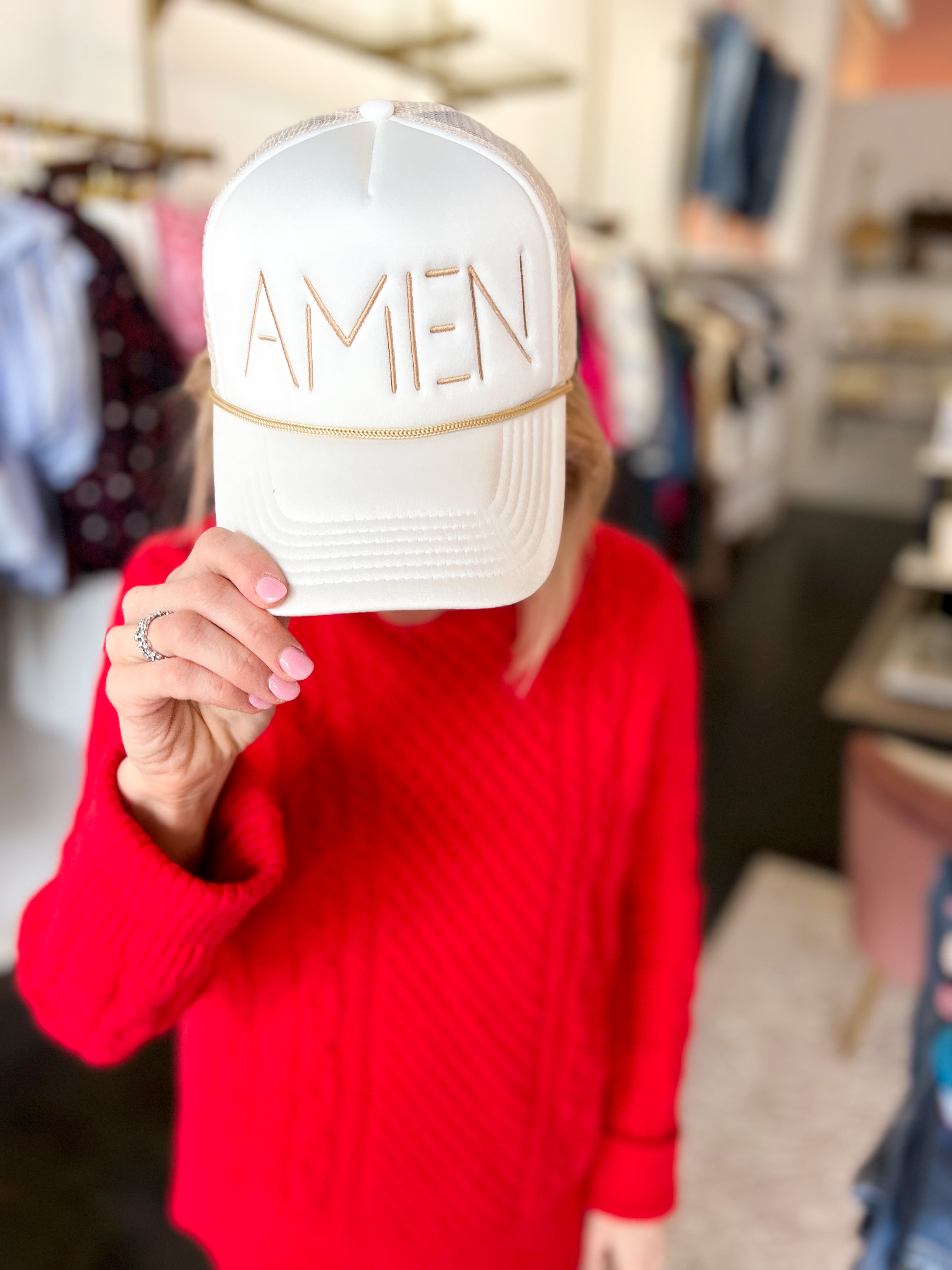 AMEN Embroidered Trucker Hat-130 ACCESSORIES-Poppy & Pine-July & June Women's Fashion Boutique Located in San Antonio, Texas