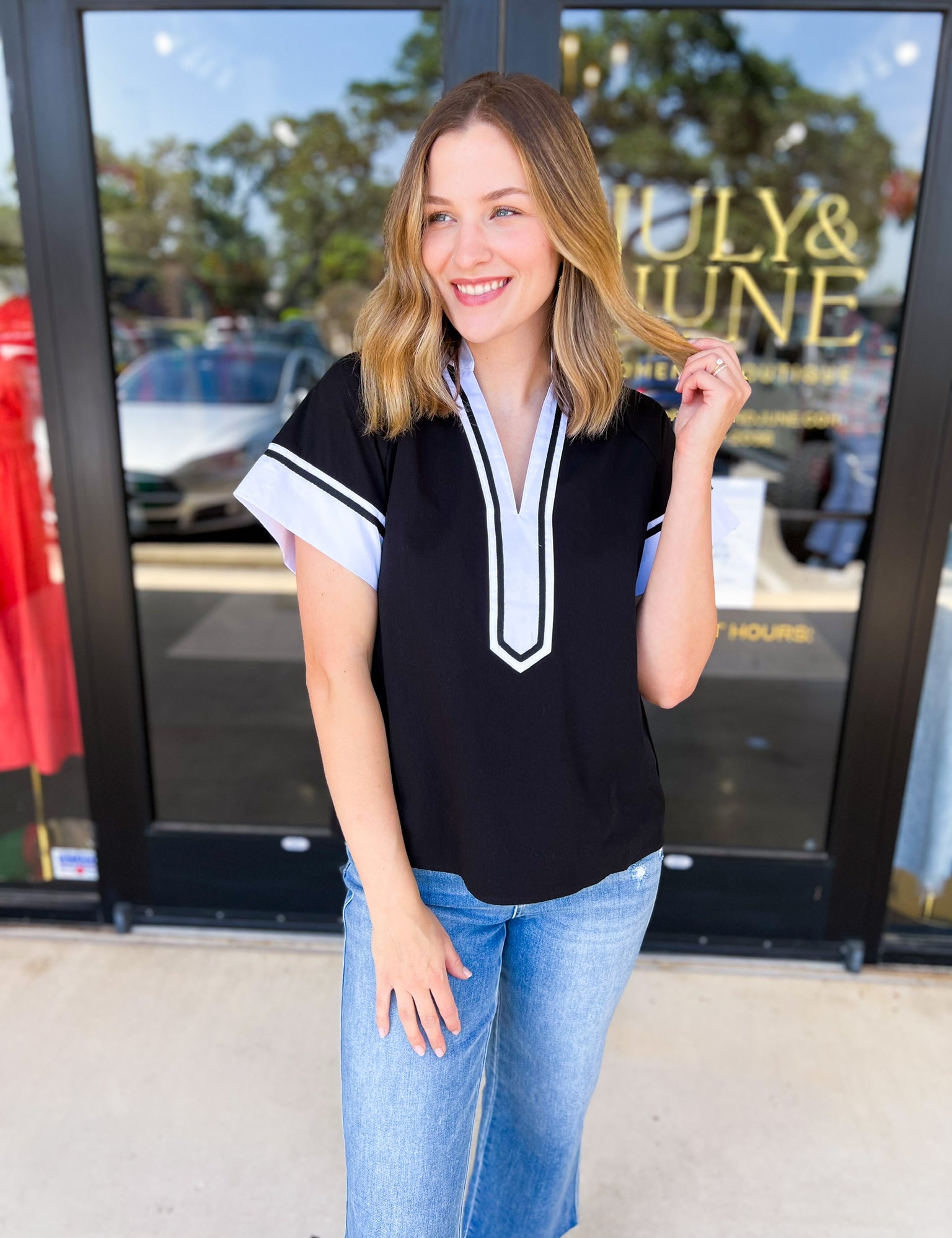 THML - Classy Varsity Stripe Blouse-200 Fashion Blouses-THML-July & June Women's Fashion Boutique Located in San Antonio, Texas