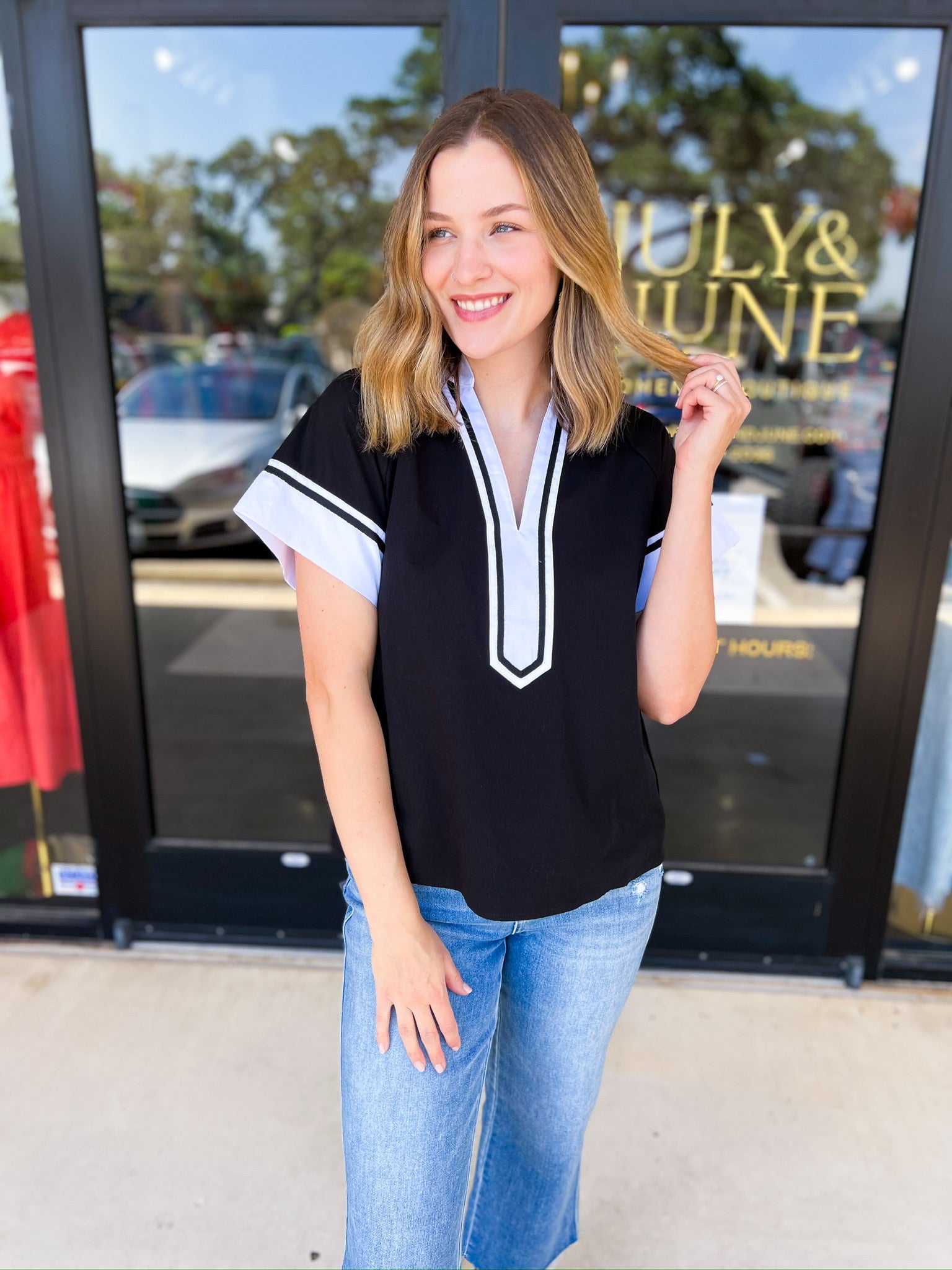 THML - Classy Varsity Stripe Blouse-200 Fashion Blouses-THML-July & June Women's Fashion Boutique Located in San Antonio, Texas