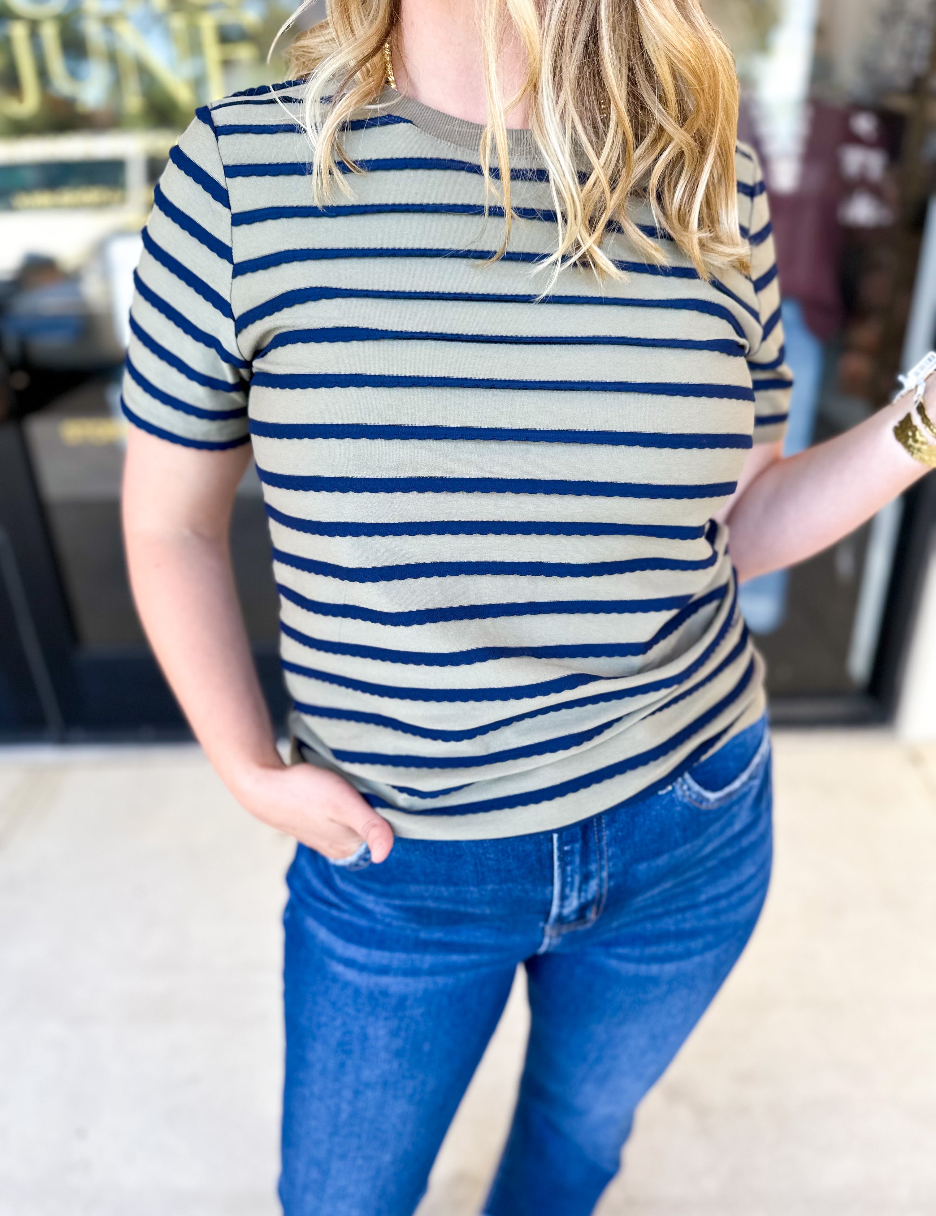 Striped Round Neck Tee - Olive-210 Casual Blouses-POLOGRAM-July & June Women's Fashion Boutique Located in San Antonio, Texas
