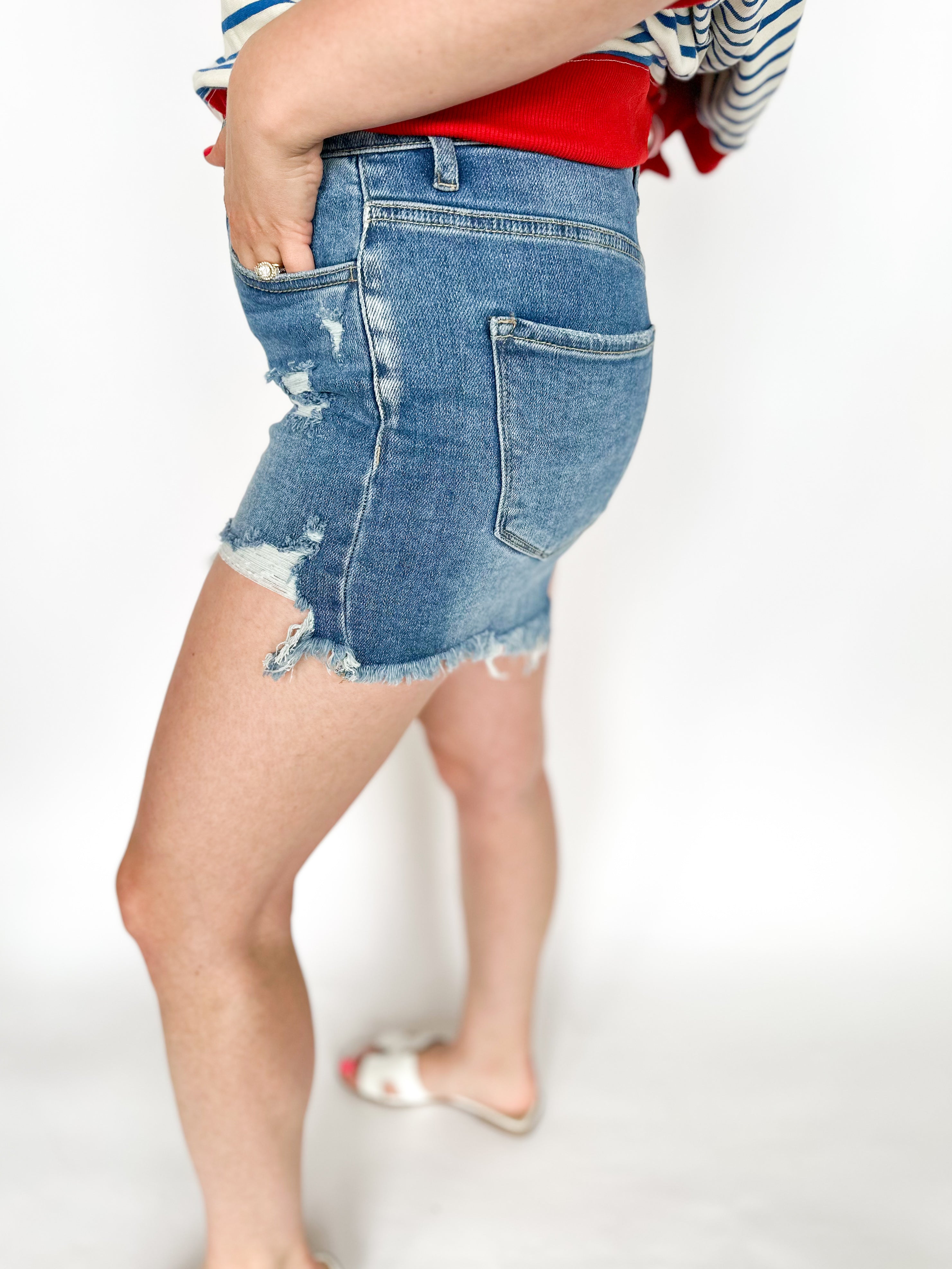 Vervet Super High Rise Stretch Denim Shorts-410 Shorts/Skirts-VEVERT BY FLYING MONKEY-July & June Women's Fashion Boutique Located in San Antonio, Texas