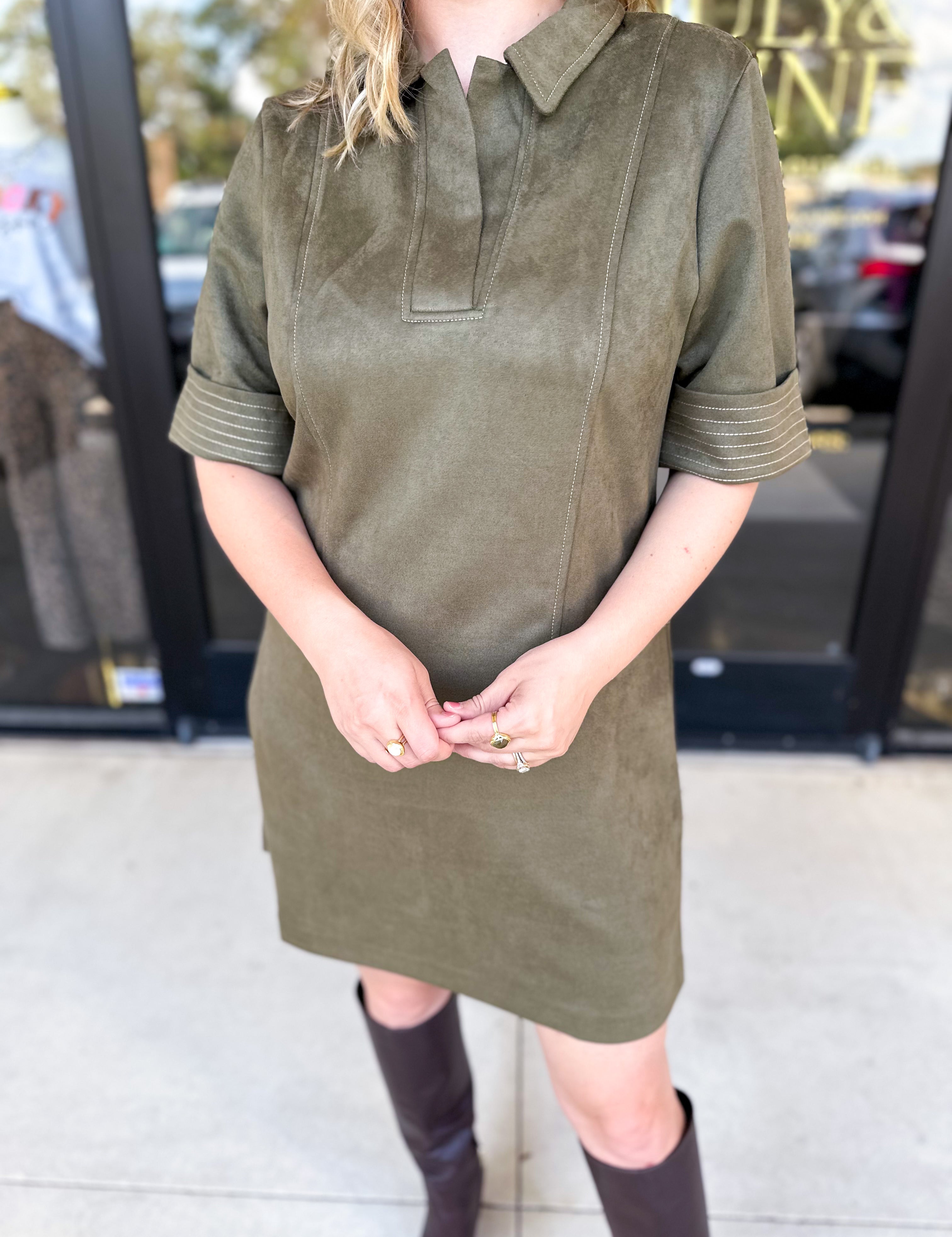 THML - Short Sleeve Collared Mini Dress - Olive-510 Mini-THML-July & June Women's Fashion Boutique Located in San Antonio, Texas