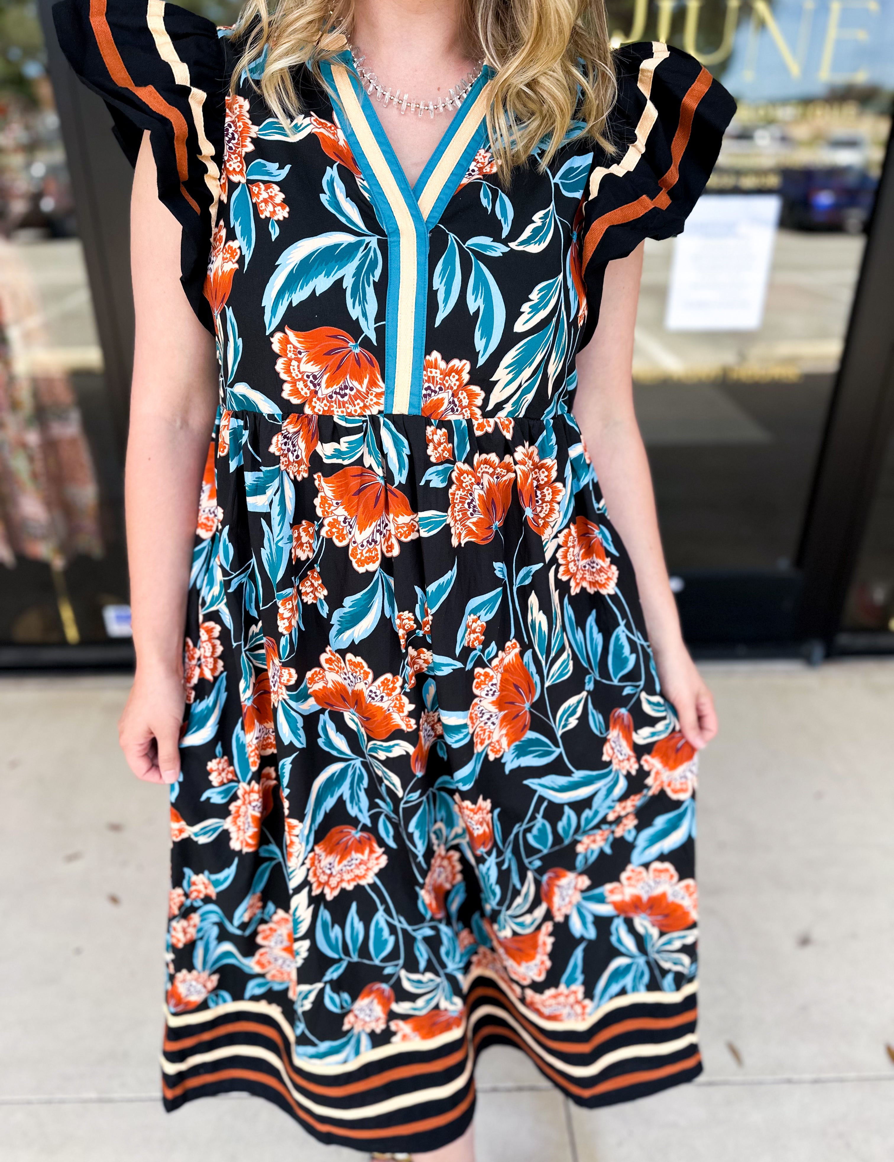 Deep Tones Floral Midi Dress-500 Midi-ENTRO-July & June Women's Fashion Boutique Located in San Antonio, Texas