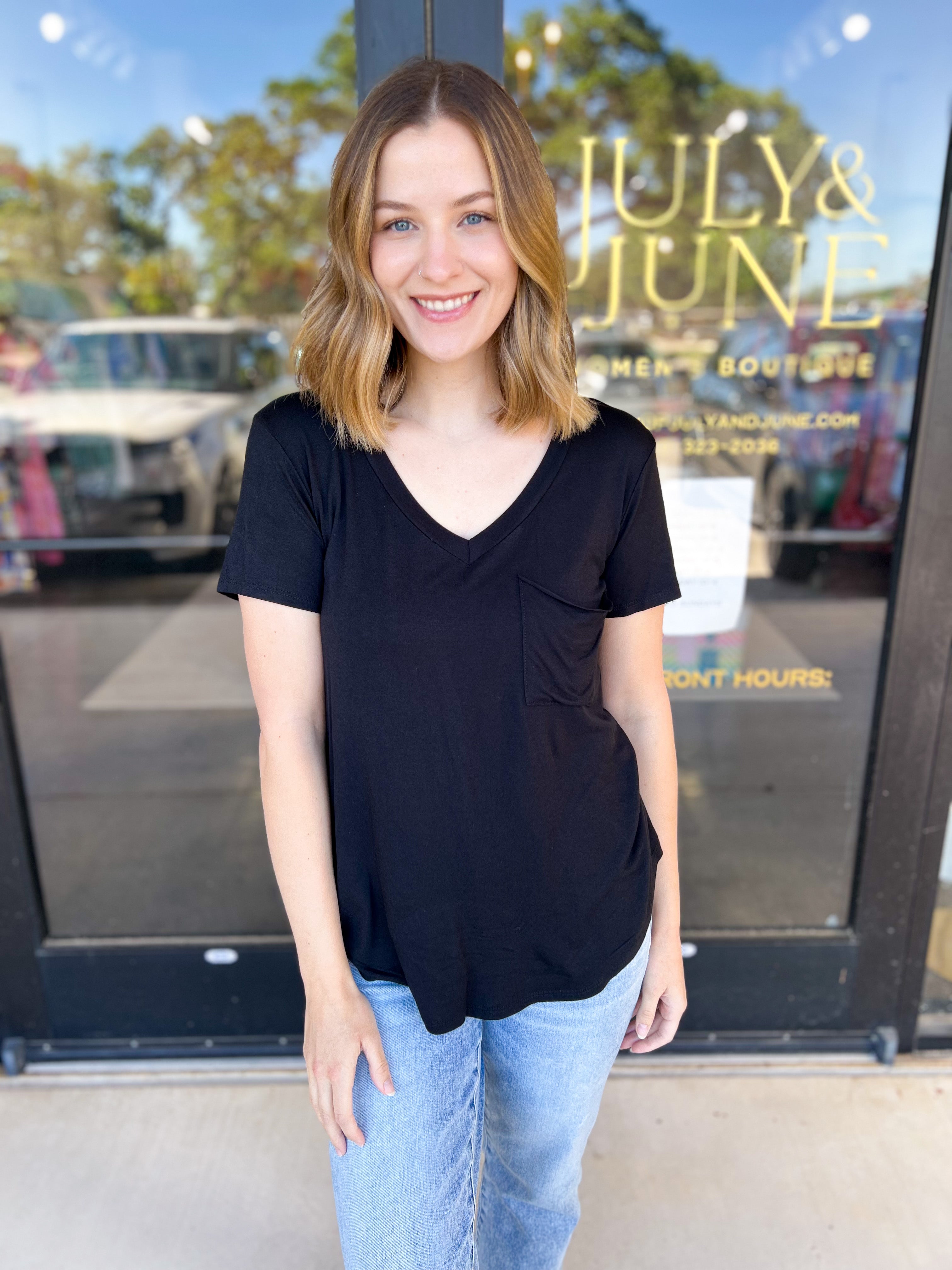 Essential V-Neck Tee - Black-210 Casual Blouses-ADRIENNE-July & June Women's Fashion Boutique Located in San Antonio, Texas