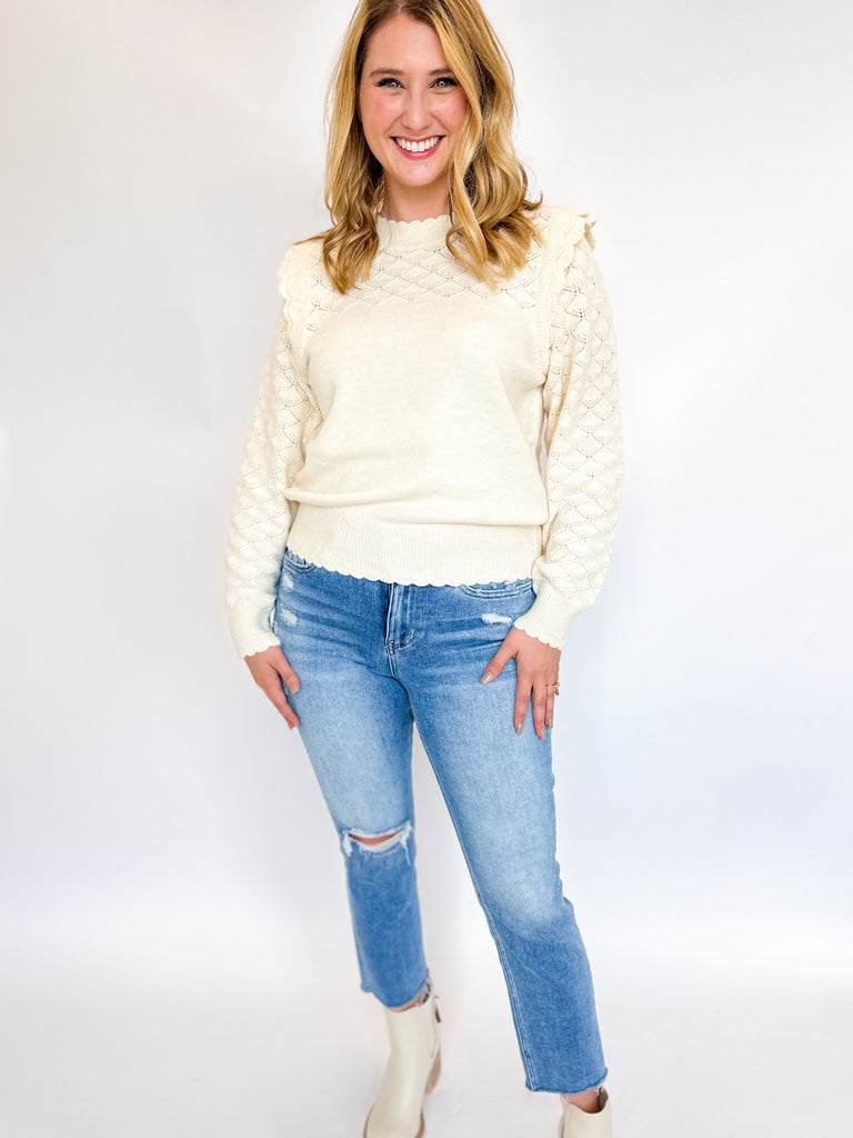 Cream Lace Detail Sweater-230 Sweaters/Cardis-SKIES ARE BLUE-July & June Women's Fashion Boutique Located in San Antonio, Texas