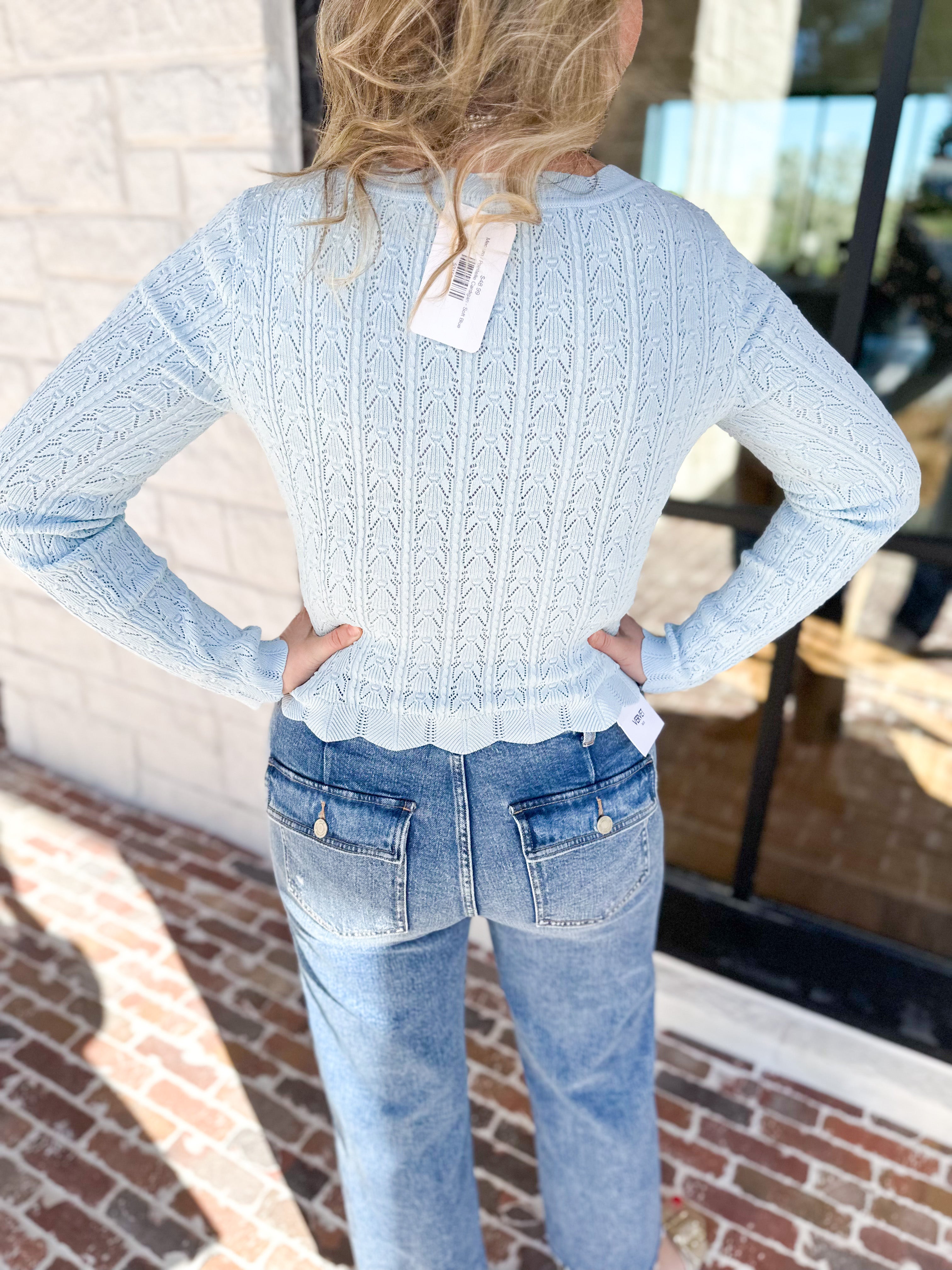 Pointelle Cardigan - Soft Blue-230 Sweaters/Cardis-ALLIE ROSE-July & June Women's Fashion Boutique Located in San Antonio, Texas
