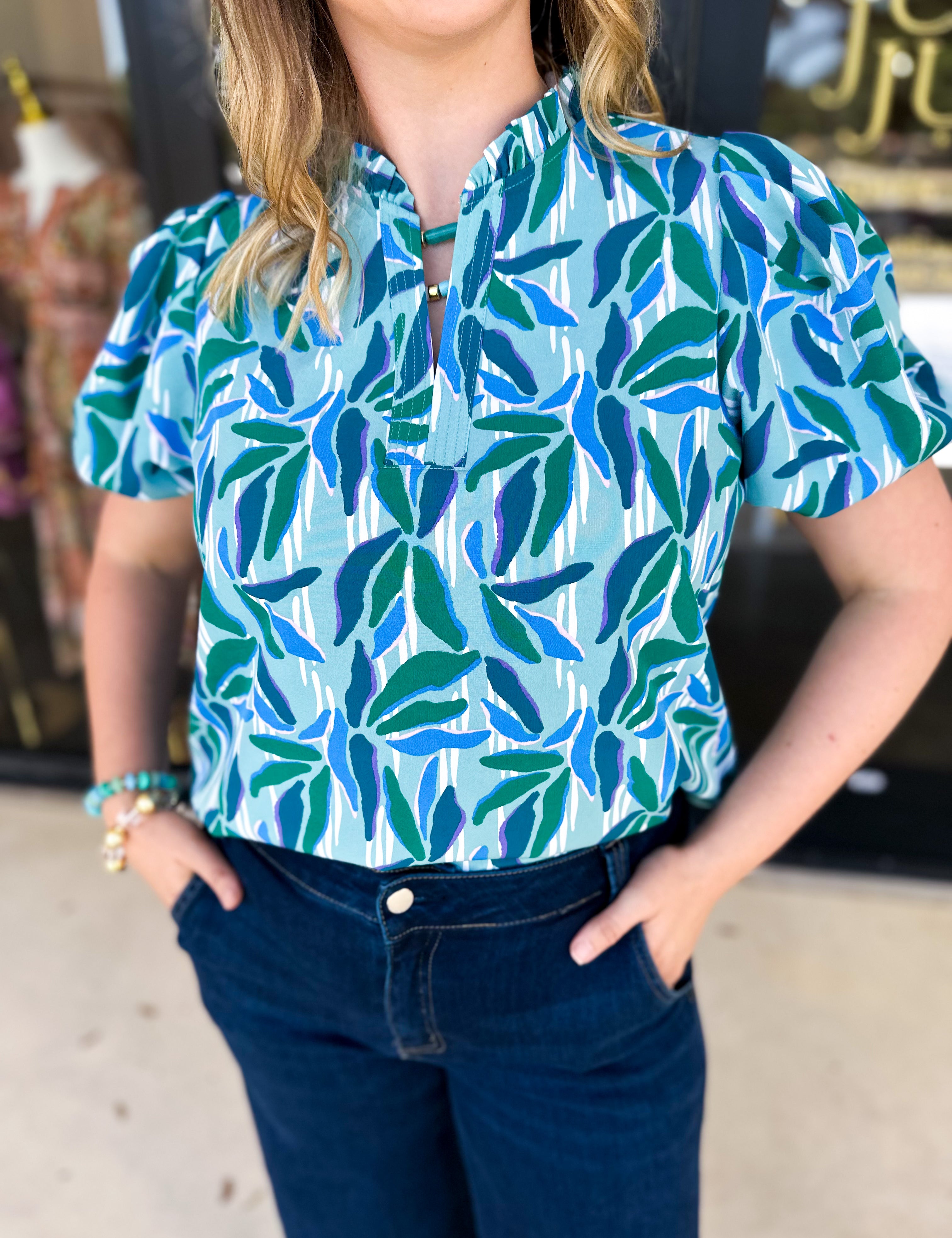 Mary Square - Lainey Reflecting Green Blouse-200 Fashion Blouses-MARY SQUARE-July & June Women's Fashion Boutique Located in San Antonio, Texas