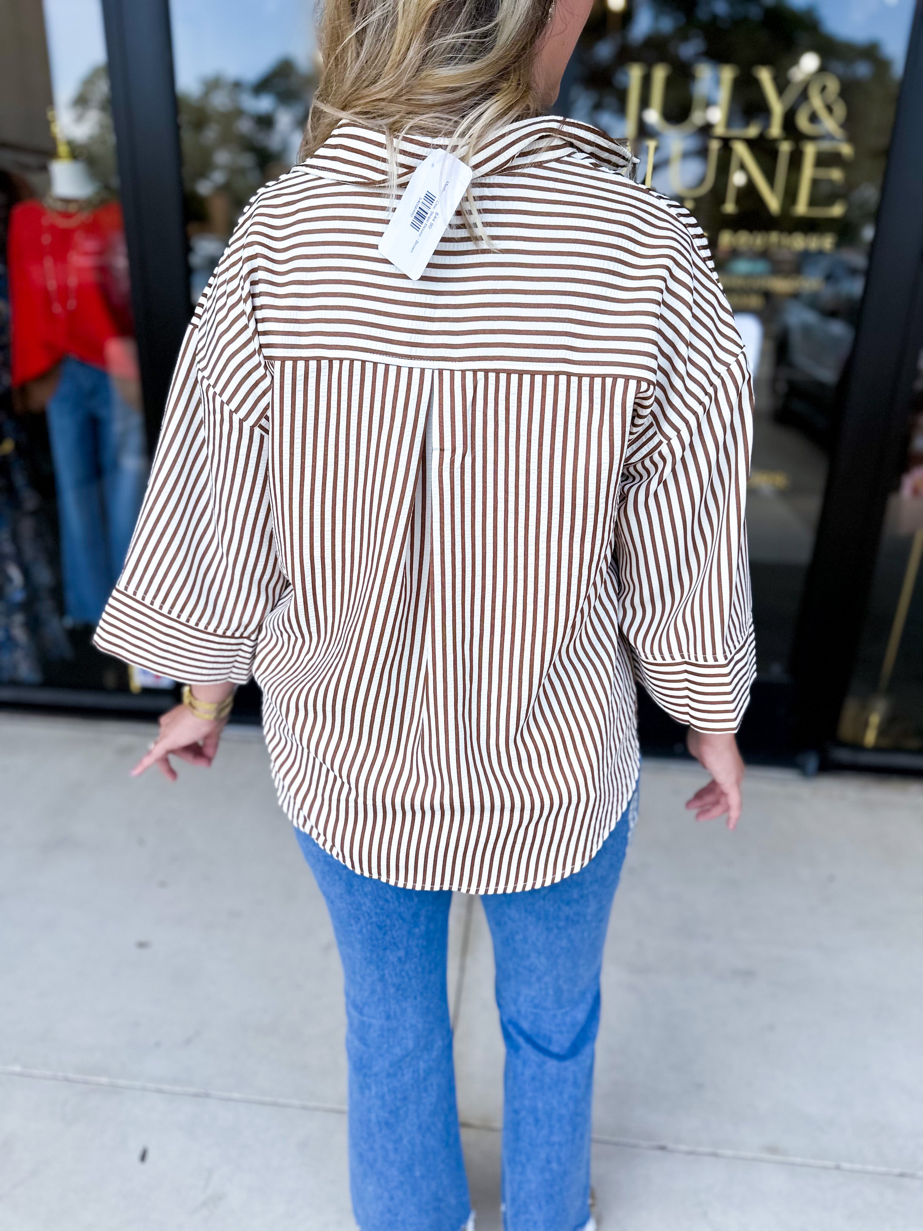 Chic Stripe Blouse - Brown-200 Fashion Blouses-ENTRO-July & June Women's Fashion Boutique Located in San Antonio, Texas