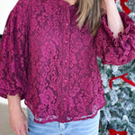 Merlot Lace Button Down Blouse-200 Fashion Blouses-FATE-July & June Women's Fashion Boutique Located in San Antonio, Texas