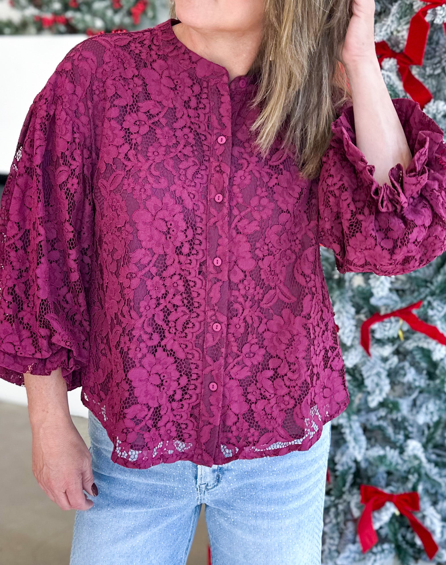 Merlot Lace Button Down Blouse-200 Fashion Blouses-FATE-July & June Women's Fashion Boutique Located in San Antonio, Texas