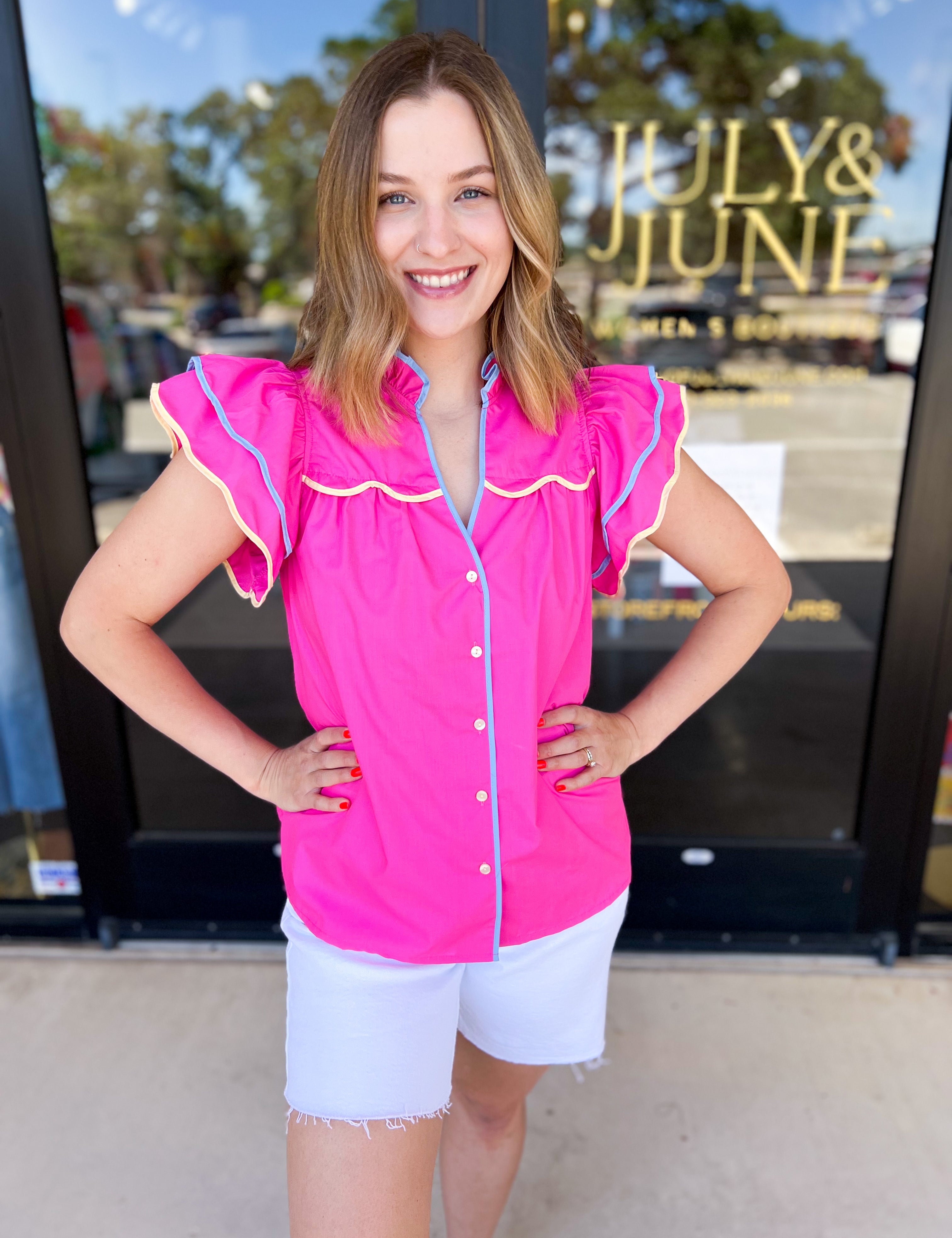 Hot Pink & Colorful Trim Blouse-200 Fashion Blouses-ENTRO-July & June Women's Fashion Boutique Located in San Antonio, Texas