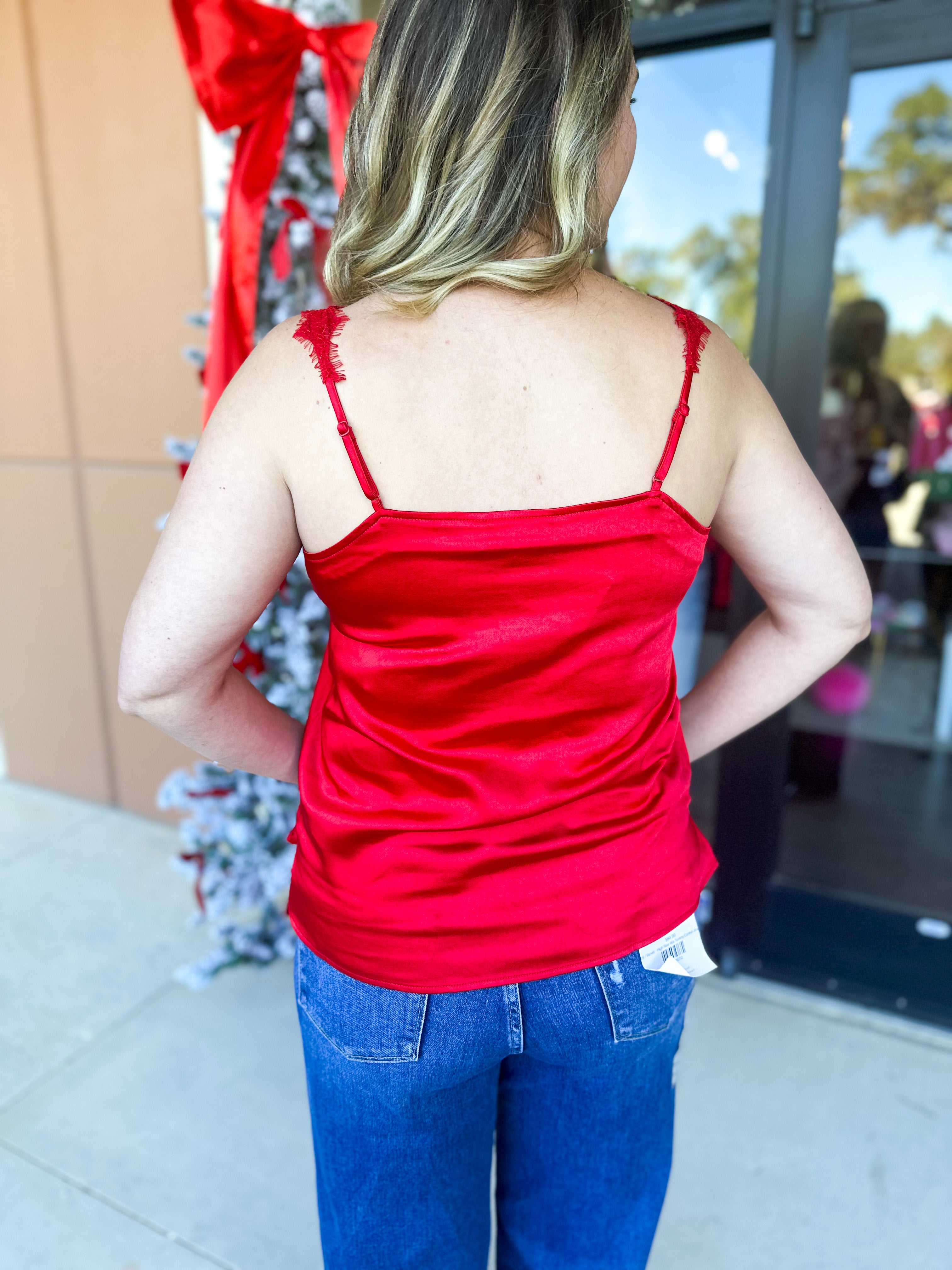 Satin Chic Cami - Red-200 Fashion Blouses-SKIES ARE BLUE-July & June Women's Fashion Boutique Located in San Antonio, Texas