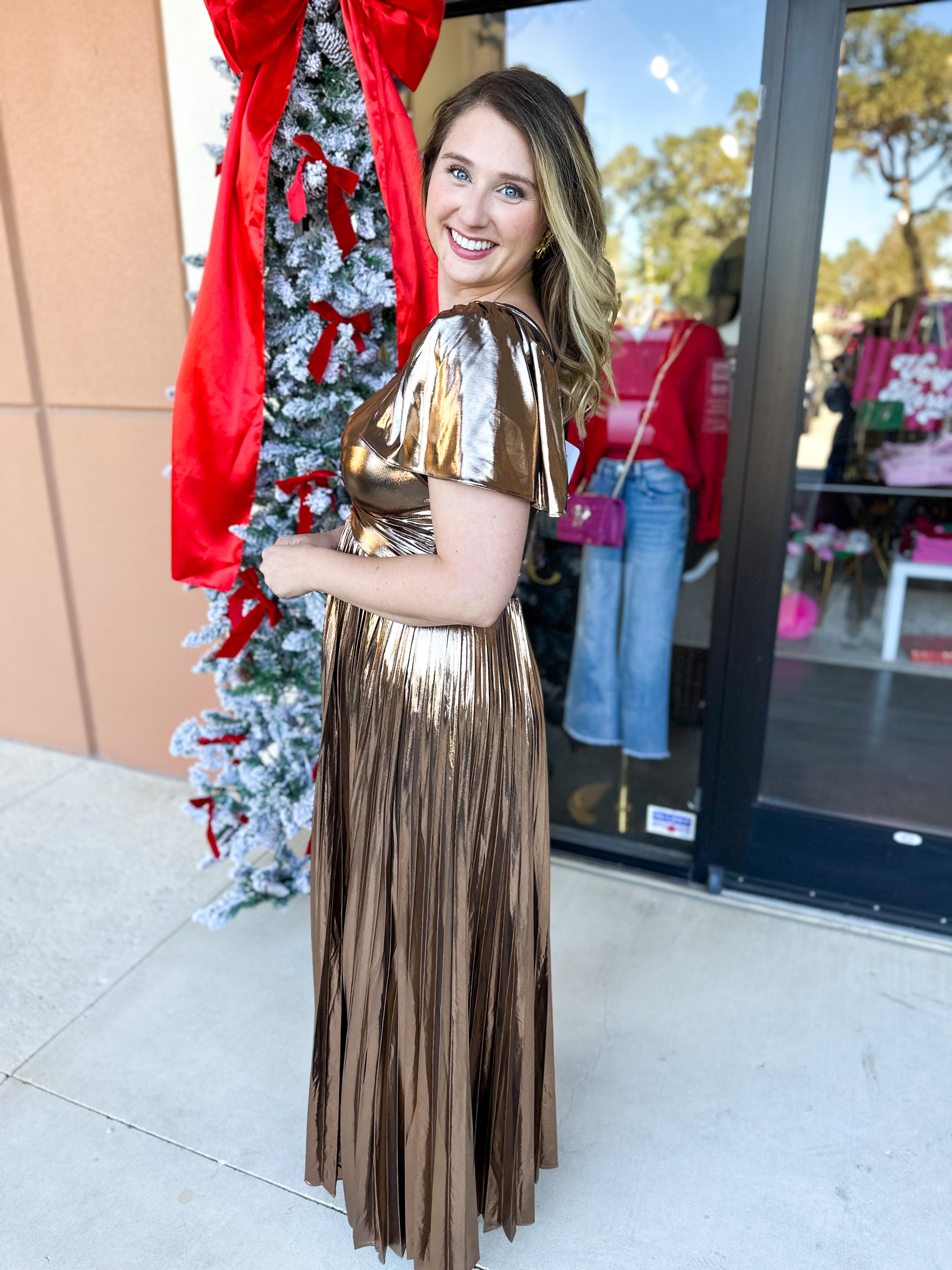 Bronze Pleated Maxi Dress-500 Midi-SKIES ARE BLUE-July & June Women's Fashion Boutique Located in San Antonio, Texas