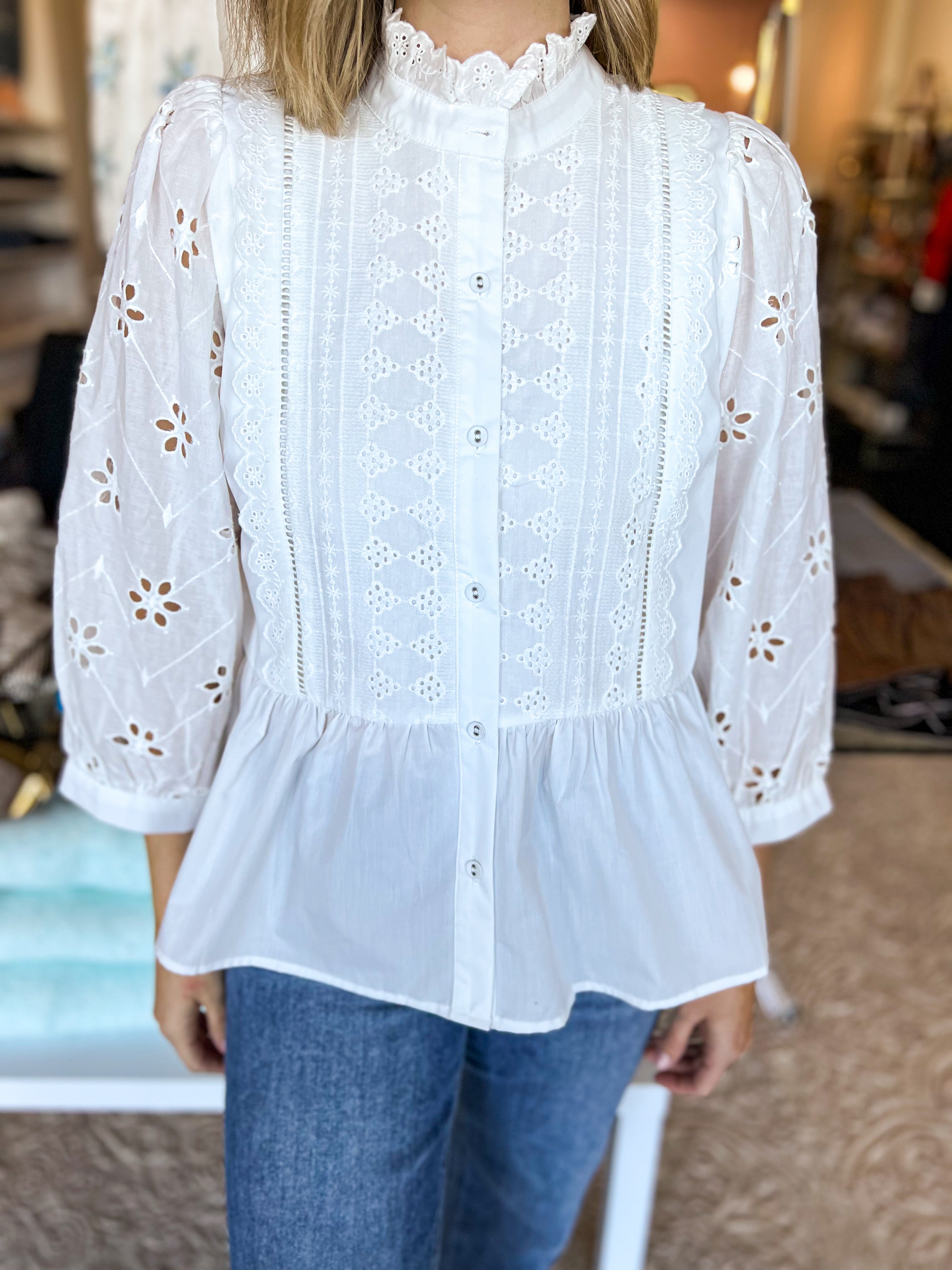 High Neck Lace Detailed Blouse - Ivory-200 Fashion Blouses-ENTRO-July & June Women's Fashion Boutique Located in San Antonio, Texas
