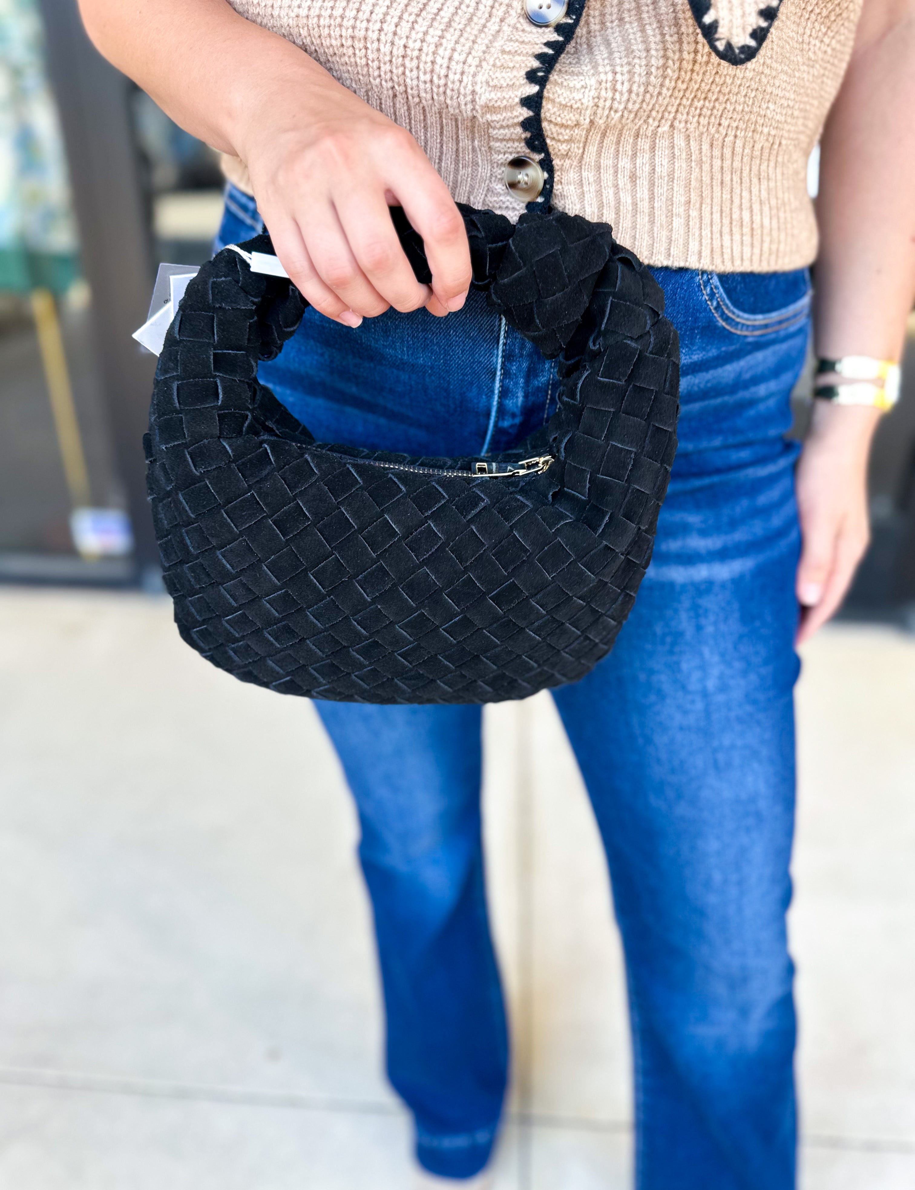 Autumn Woven Genuine Suede Leather Clutch - Black-130 ACCESSORIES-Moda Luxe-July & June Women's Fashion Boutique Located in San Antonio, Texas