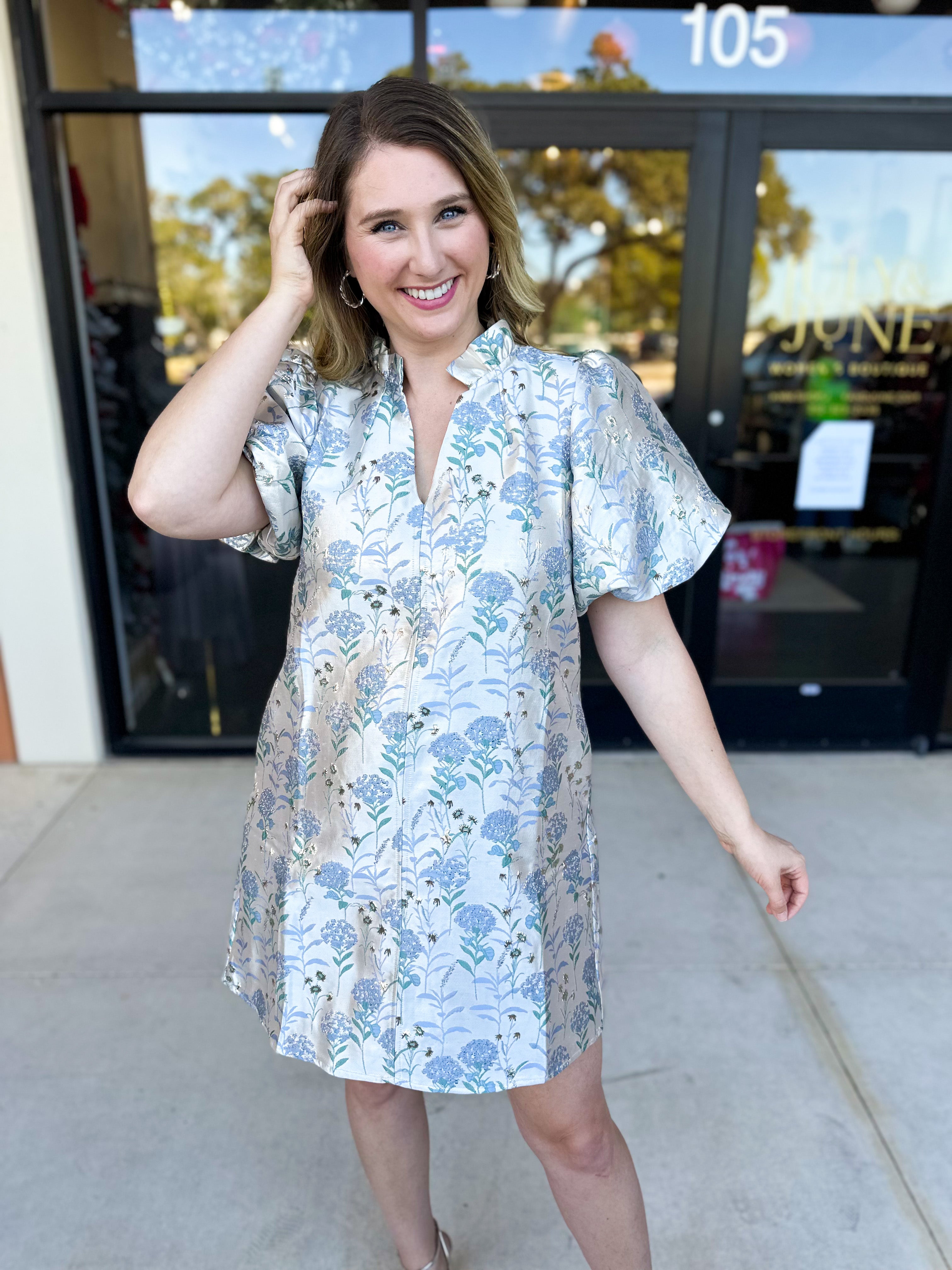 THML - Winter Blue Floral Mini Dress-510 Mini-THML-July & June Women's Fashion Boutique Located in San Antonio, Texas