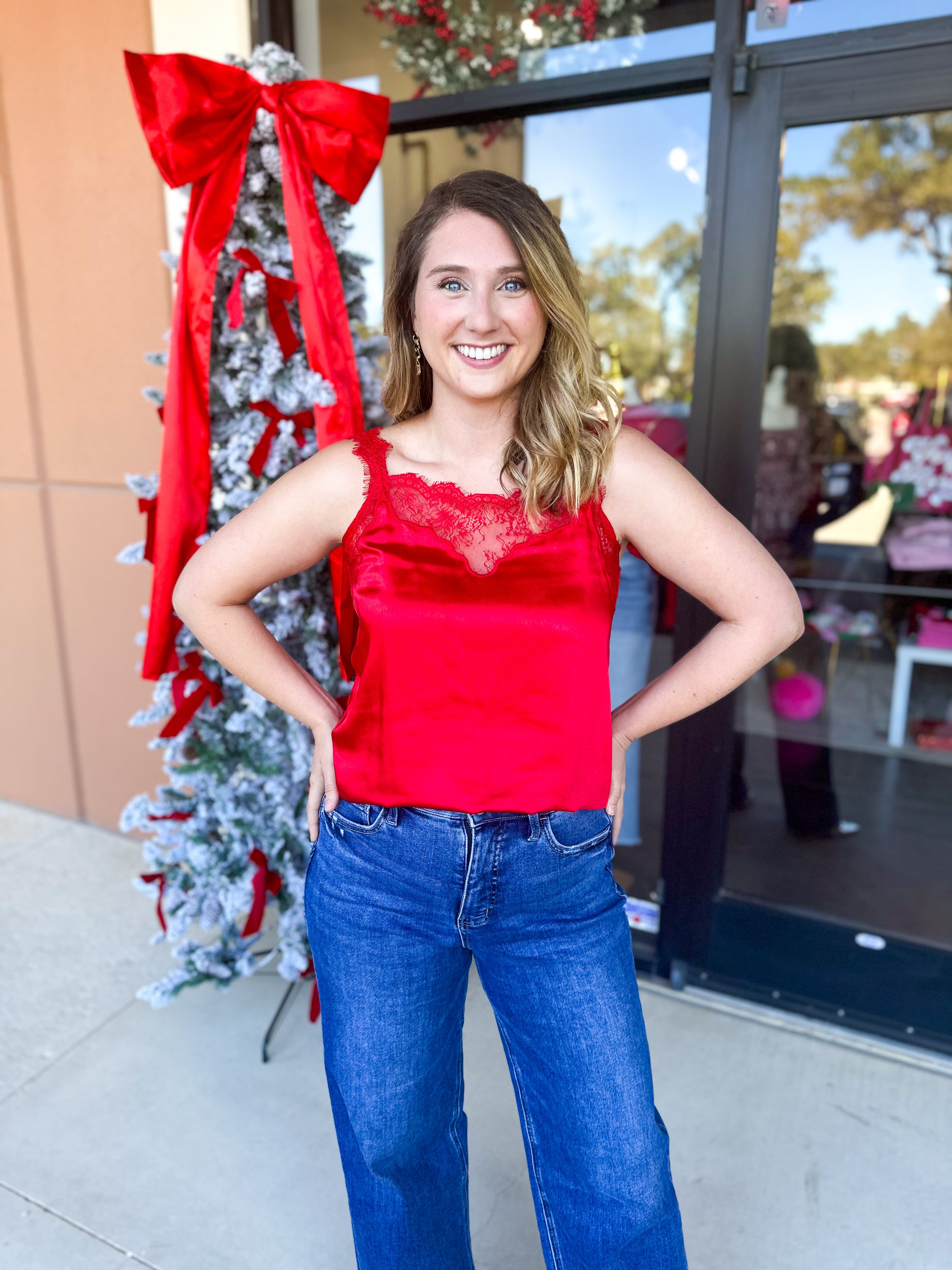Satin Chic Cami - Red-200 Fashion Blouses-SKIES ARE BLUE-July & June Women's Fashion Boutique Located in San Antonio, Texas