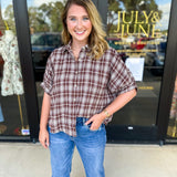 Brown Flannel Blouse-200 Fashion Blouses-POLOGRAM-July & June Women's Fashion Boutique Located in San Antonio, Texas