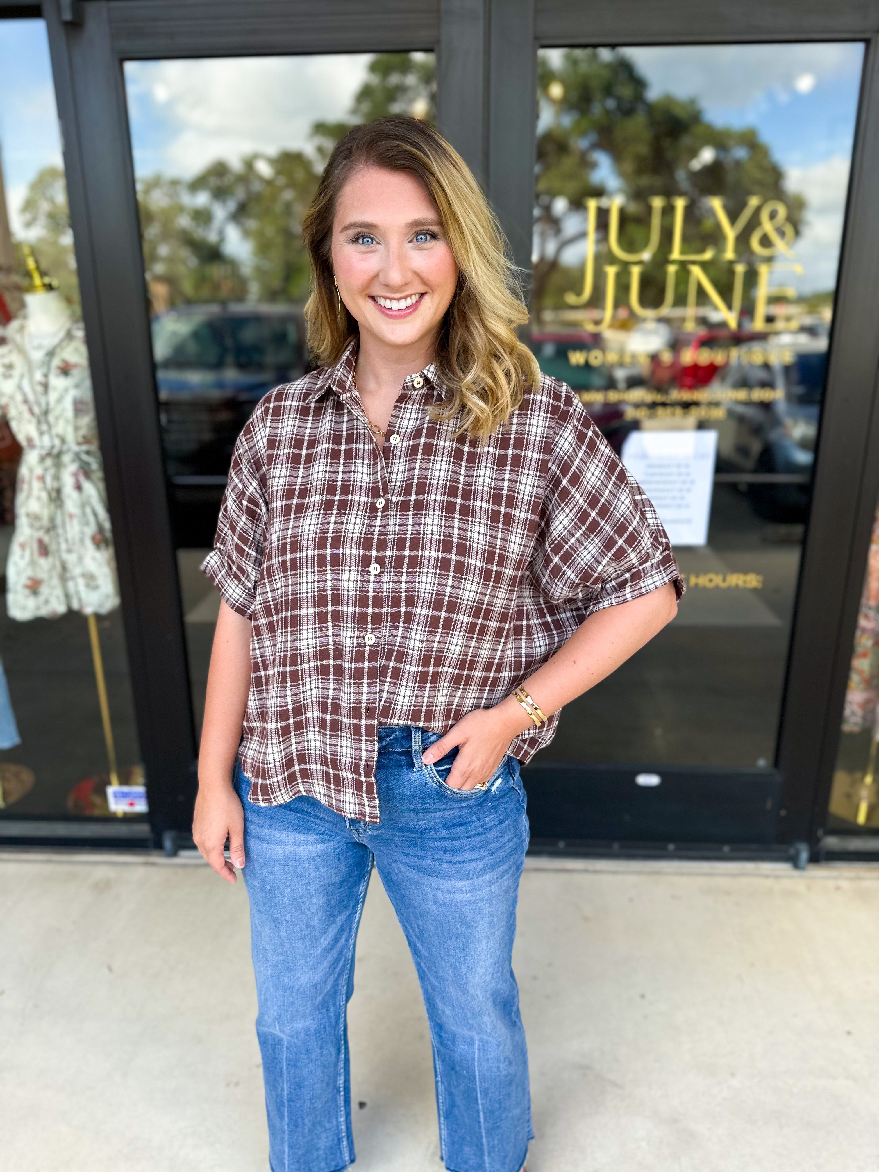 Brown Flannel Blouse-200 Fashion Blouses-POLOGRAM-July & June Women's Fashion Boutique Located in San Antonio, Texas