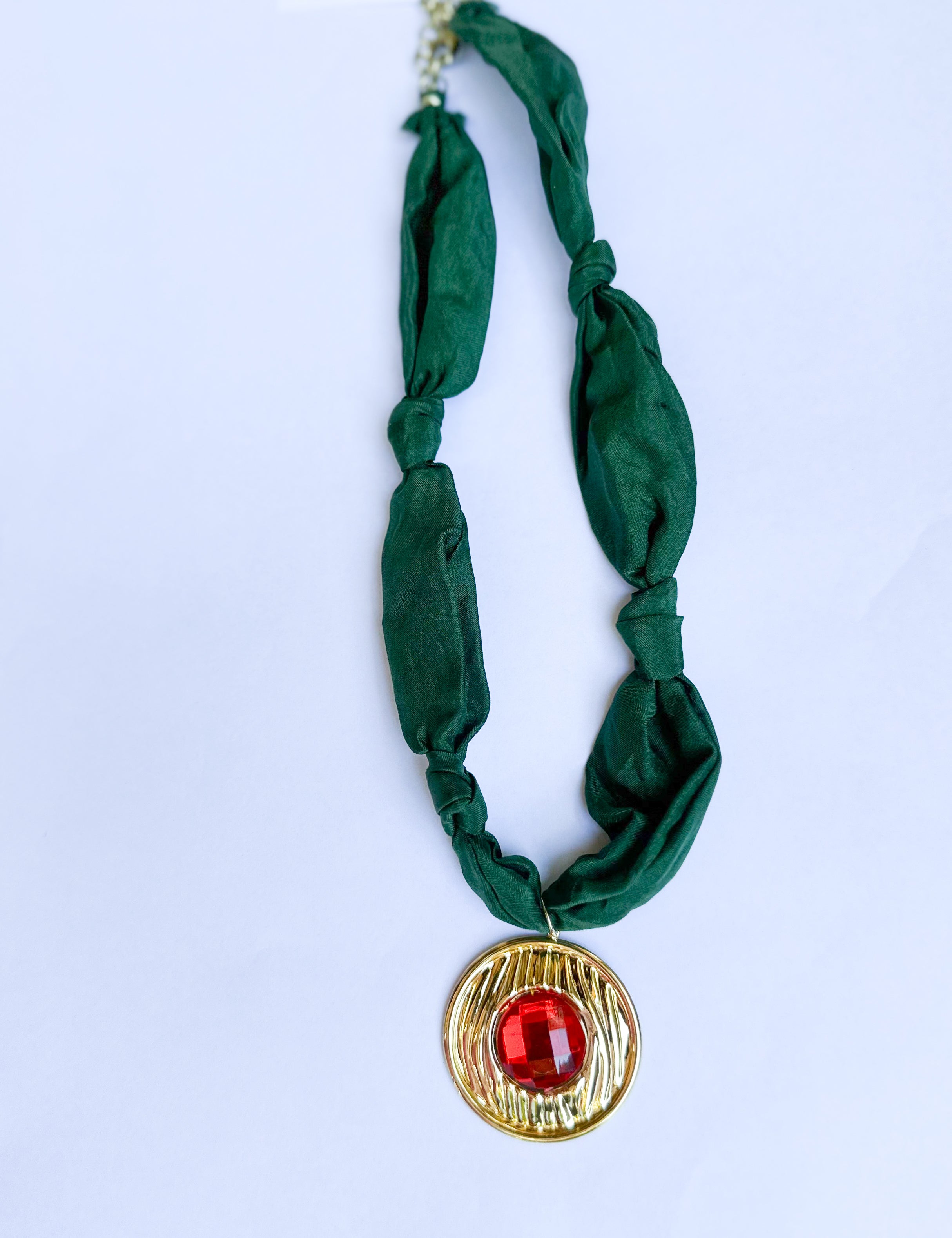 Scarf Necklace - Deep Green & Red Circle-110 Jewelry & Hair-HART DESIGNS-July & June Women's Fashion Boutique Located in San Antonio, Texas