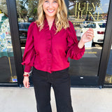 Burgundy Ruffle Blouse-200 Fashion Blouses-ENTRO-July & June Women's Fashion Boutique Located in San Antonio, Texas