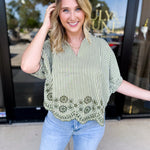 Floral Crochet Oversized Blouse - Olive-200 Fashion Blouses-ENTRO-July & June Women's Fashion Boutique Located in San Antonio, Texas