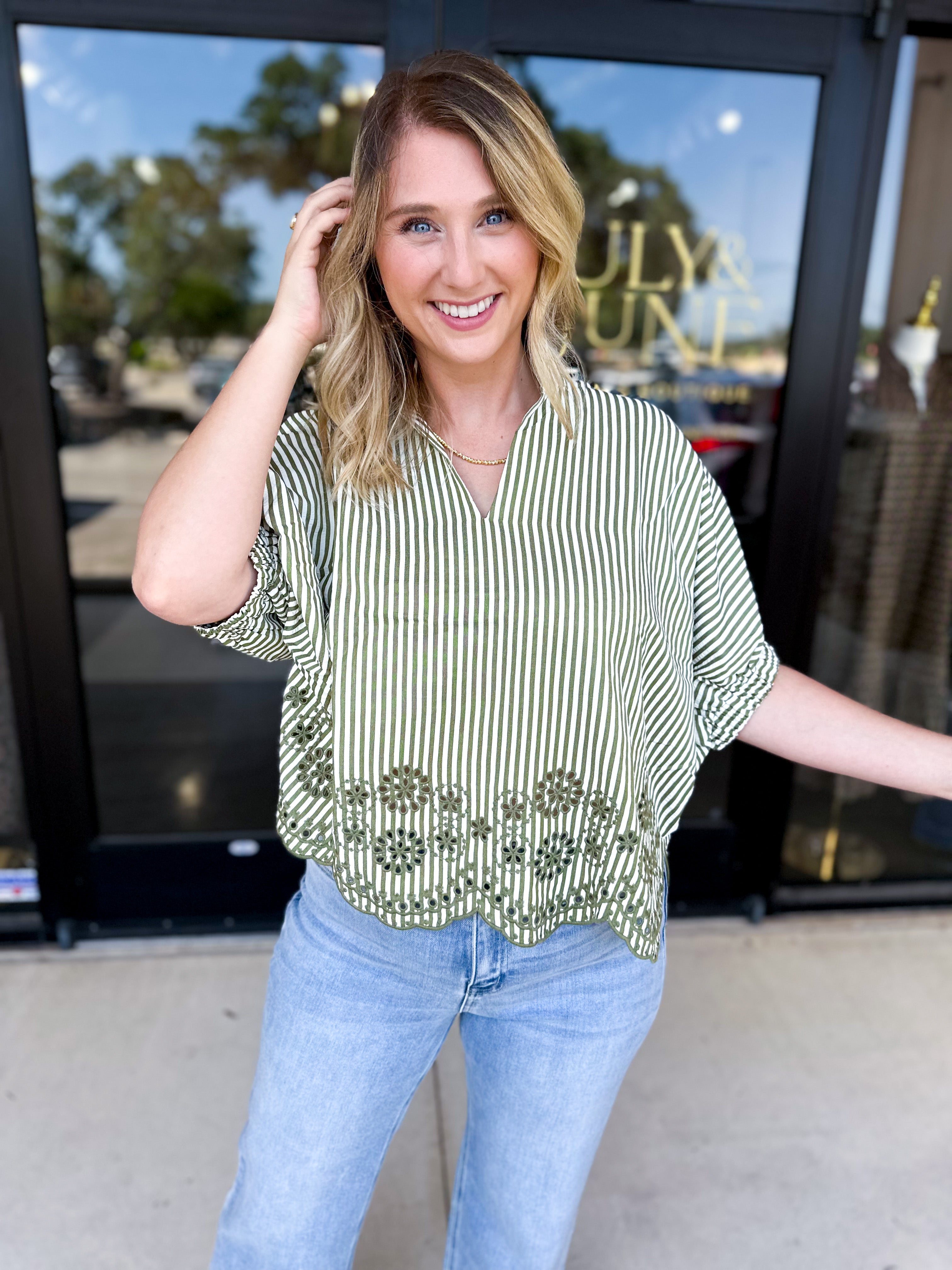 Floral Crochet Oversized Blouse - Olive-200 Fashion Blouses-ENTRO-July & June Women's Fashion Boutique Located in San Antonio, Texas