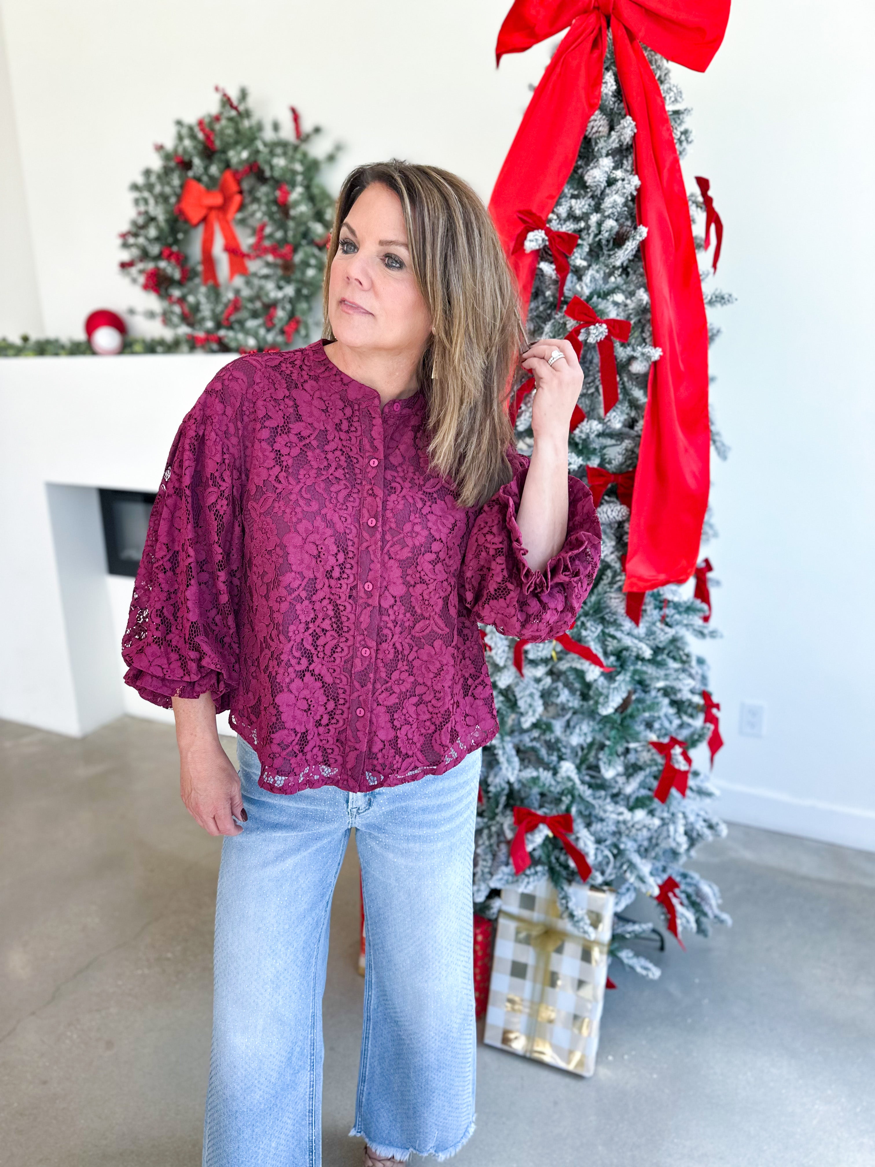 Merlot Lace Button Down Blouse-200 Fashion Blouses-FATE-July & June Women's Fashion Boutique Located in San Antonio, Texas