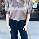 Pink Friday Doorbuster - Puff Sleeve Satin Blouse - Mocha - ONLINE-PINK FRIDAY DOORBUSTERS-GLAM-July & June Women's Fashion Boutique Located in San Antonio, Texas