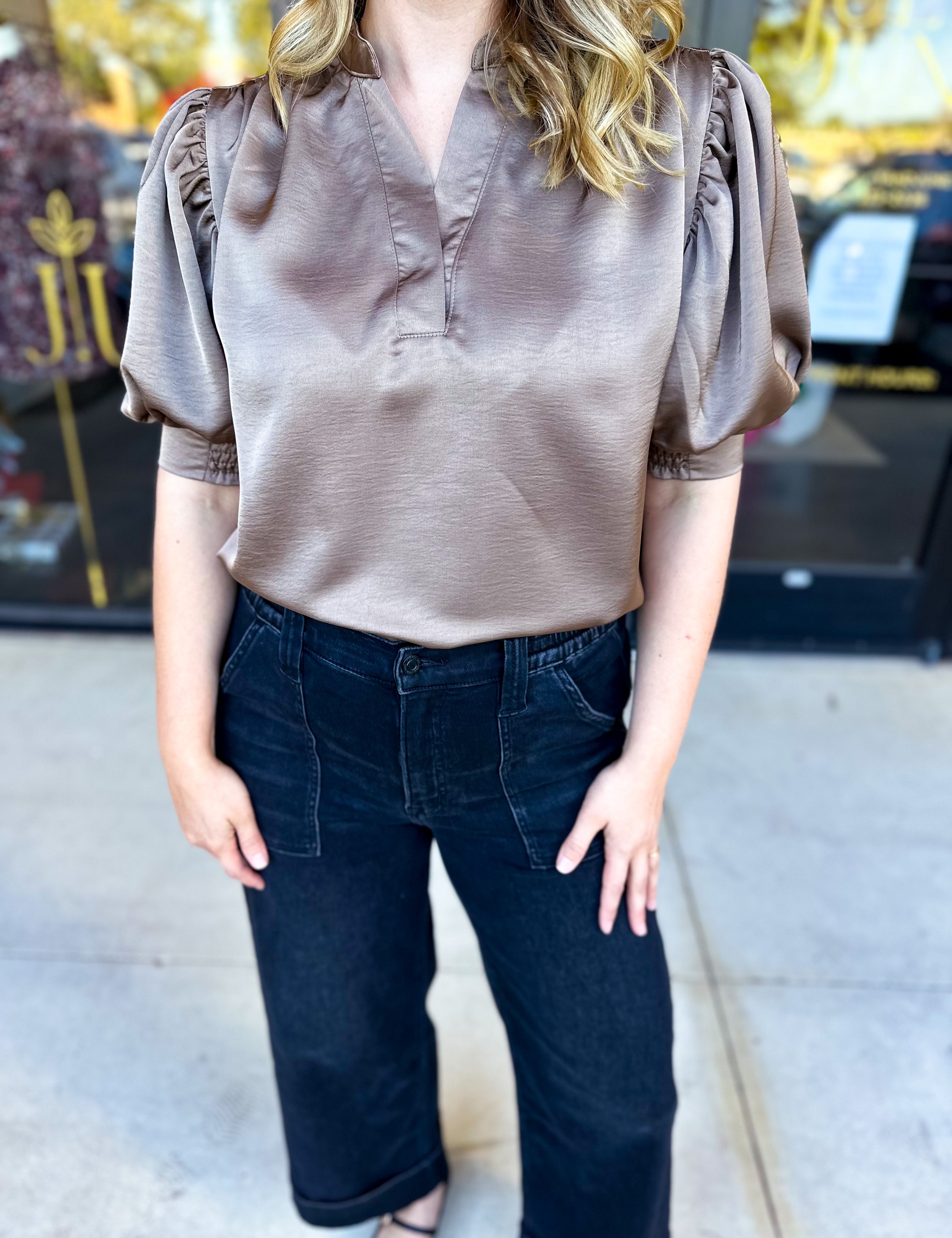 Pink Friday Doorbuster - Puff Sleeve Satin Blouse - Mocha - ONLINE-PINK FRIDAY DOORBUSTERS-GLAM-July & June Women's Fashion Boutique Located in San Antonio, Texas