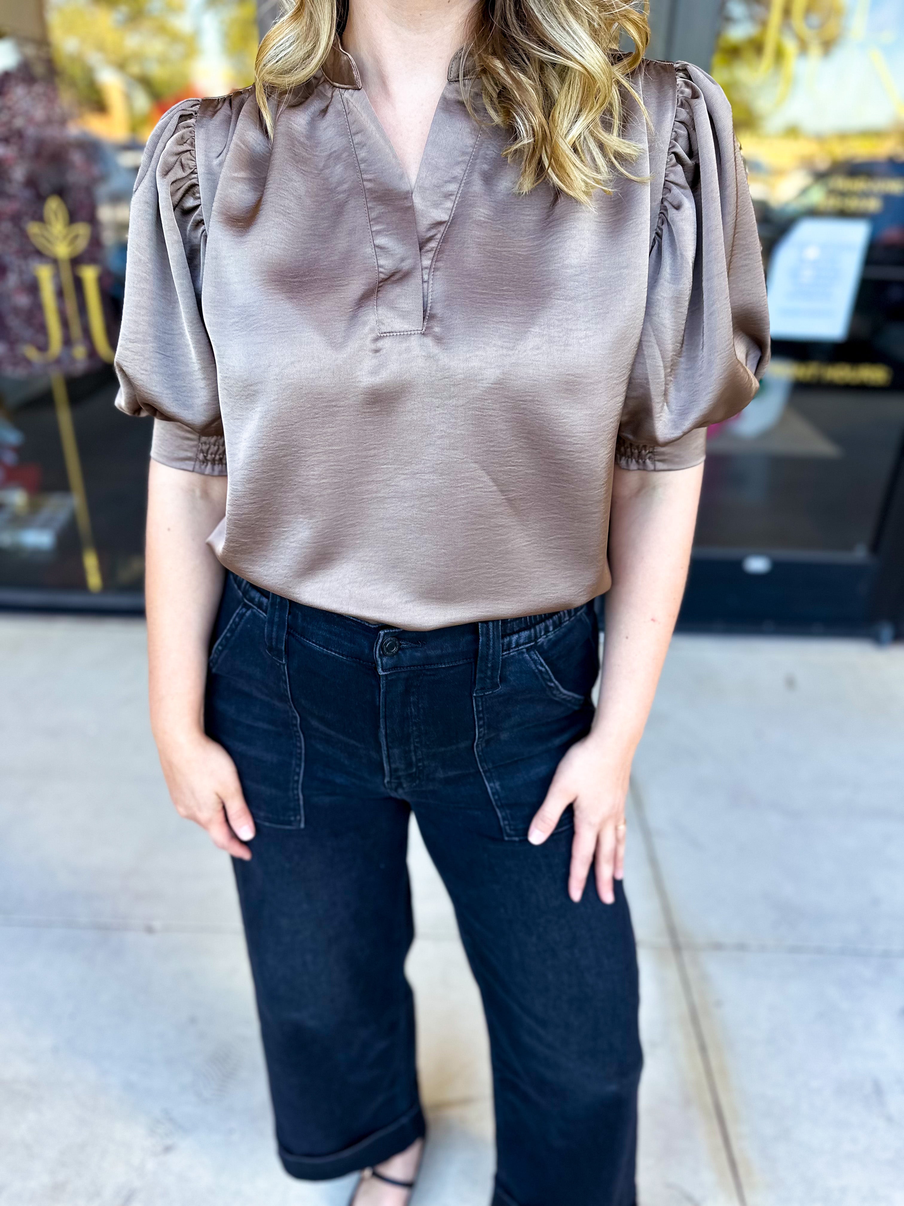Pink Friday Doorbuster - Puff Sleeve Satin Blouse - Mocha - ONLINE-PINK FRIDAY DOORBUSTERS-GLAM-July & June Women's Fashion Boutique Located in San Antonio, Texas