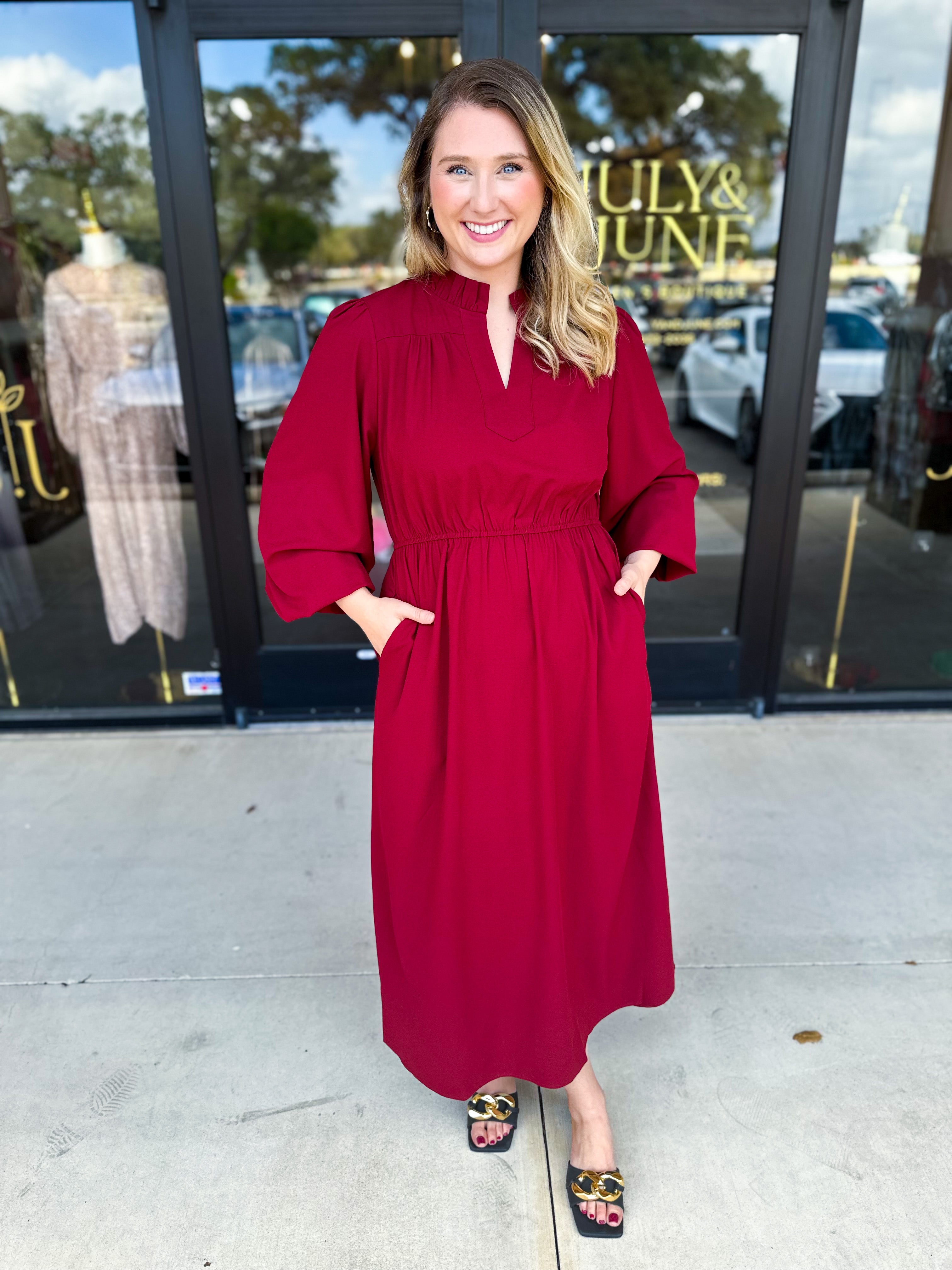 Classic Midi Dress - Deep Red-500 Midi-JODIFL-July & June Women's Fashion Boutique Located in San Antonio, Texas