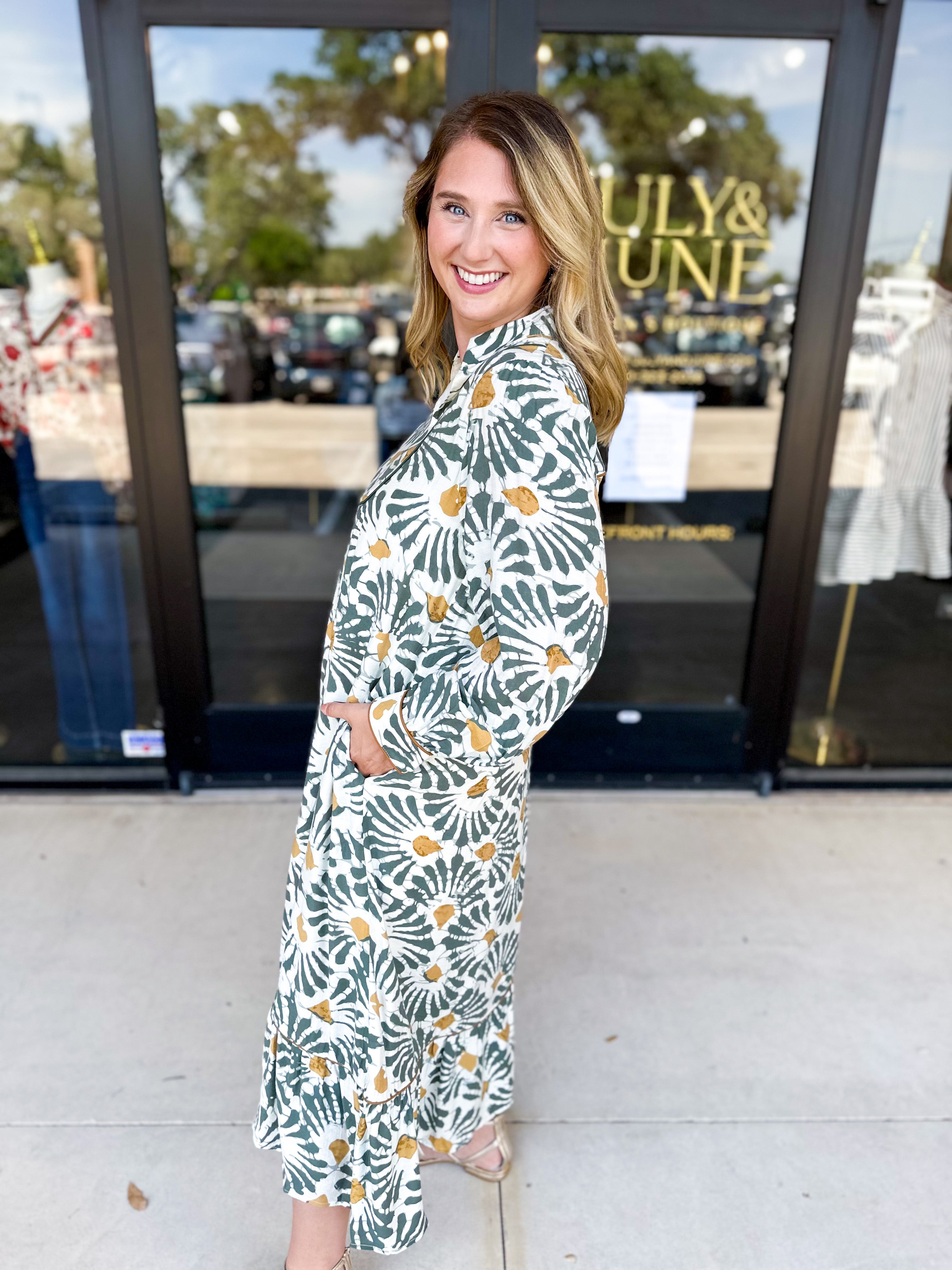 Sage & Mustard Abstract Midi Dress-500 Midi-JODIFL-July & June Women's Fashion Boutique Located in San Antonio, Texas
