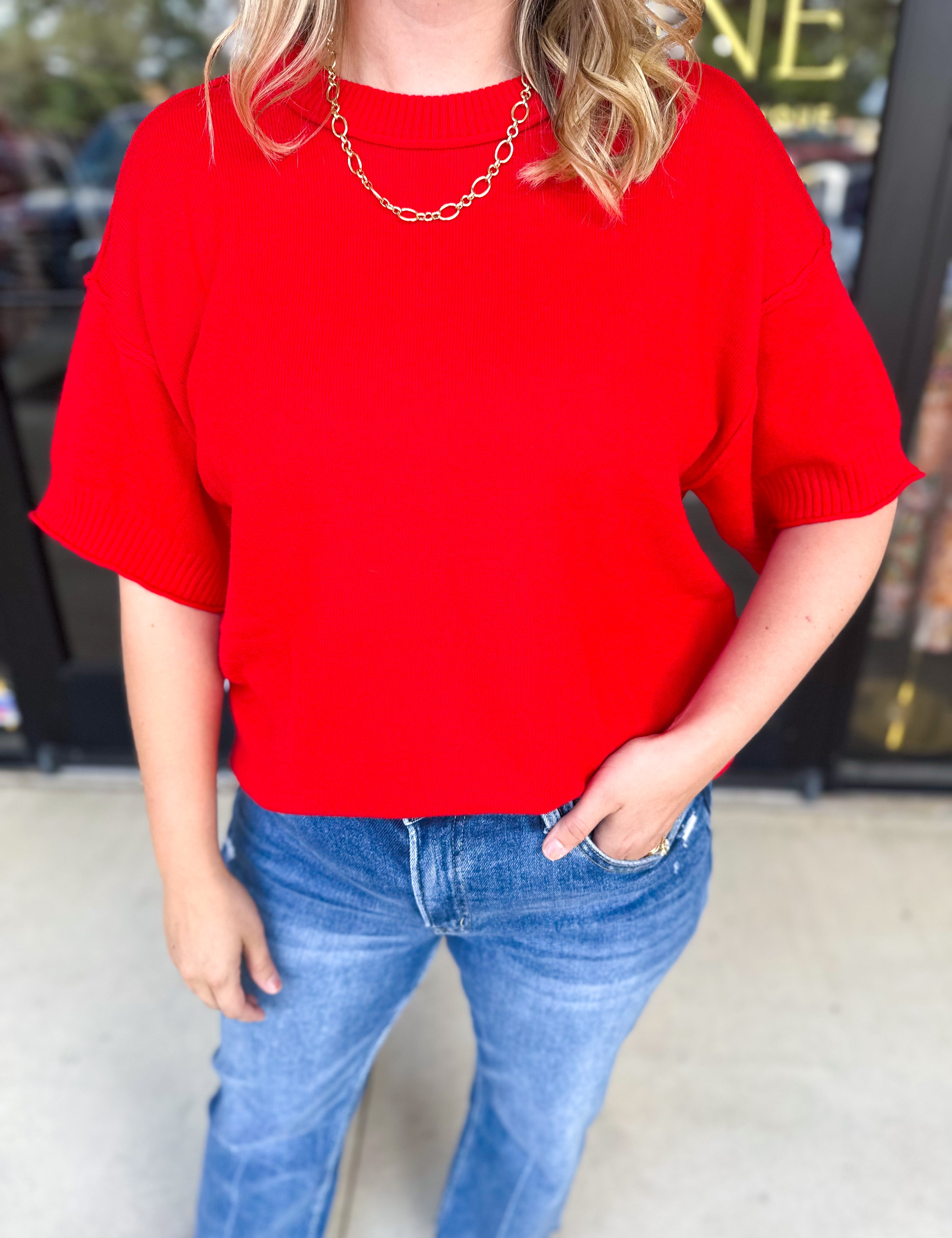 The Ella Knit Sweater Top - Red-230 Sweaters/Cardis-JODIFL-July & June Women's Fashion Boutique Located in San Antonio, Texas