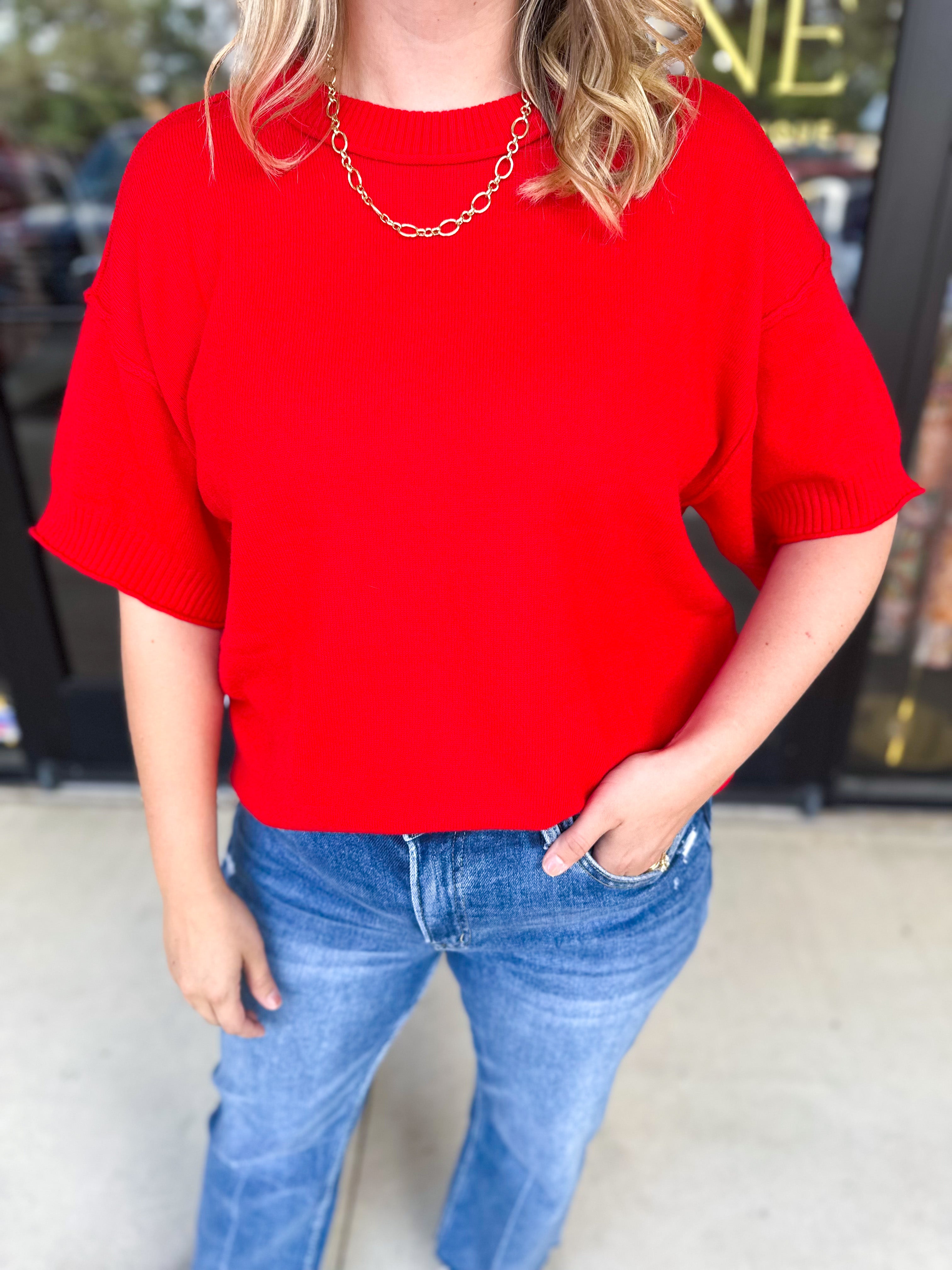 The Ella Knit Sweater Top - Red-230 Sweaters/Cardis-JODIFL-July & June Women's Fashion Boutique Located in San Antonio, Texas