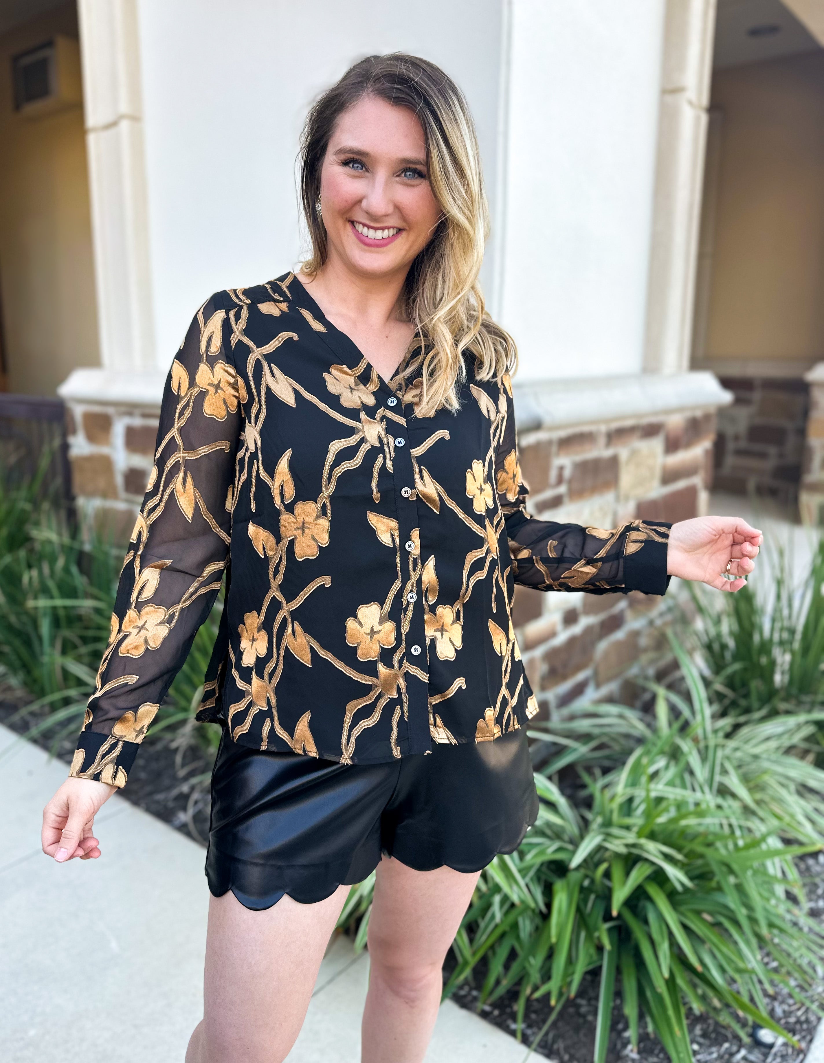 Current Air - Golden Floral Blouse-200 Fashion Blouses-CURRENT AIR CLOTHING-July & June Women's Fashion Boutique Located in San Antonio, Texas