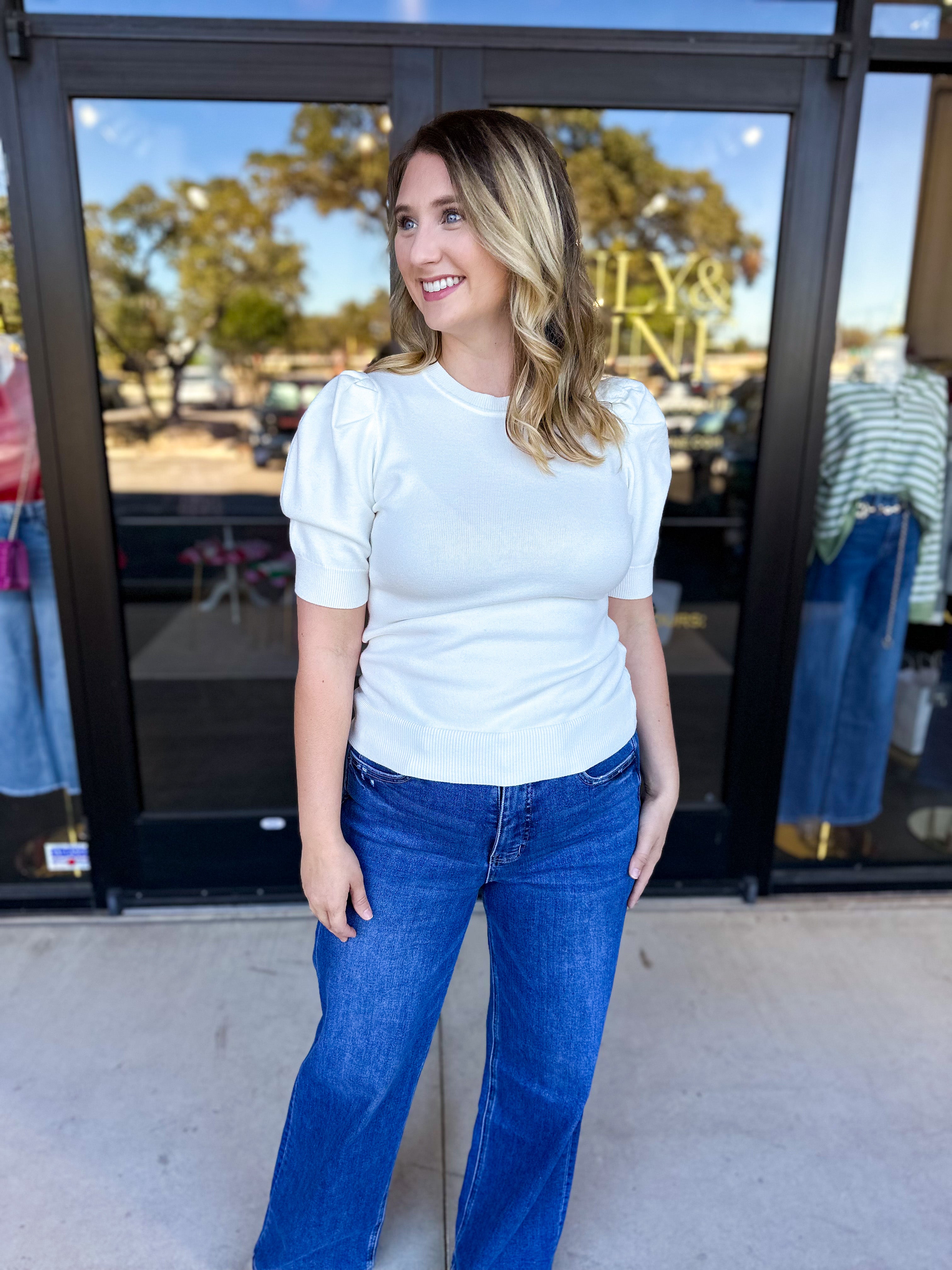 Pink Friday Doorbuster - Chic Short Sleeve Sweater Top - Ivory - ONLINE-PINK FRIDAY DOORBUSTERS-ZENANA-July & June Women's Fashion Boutique Located in San Antonio, Texas