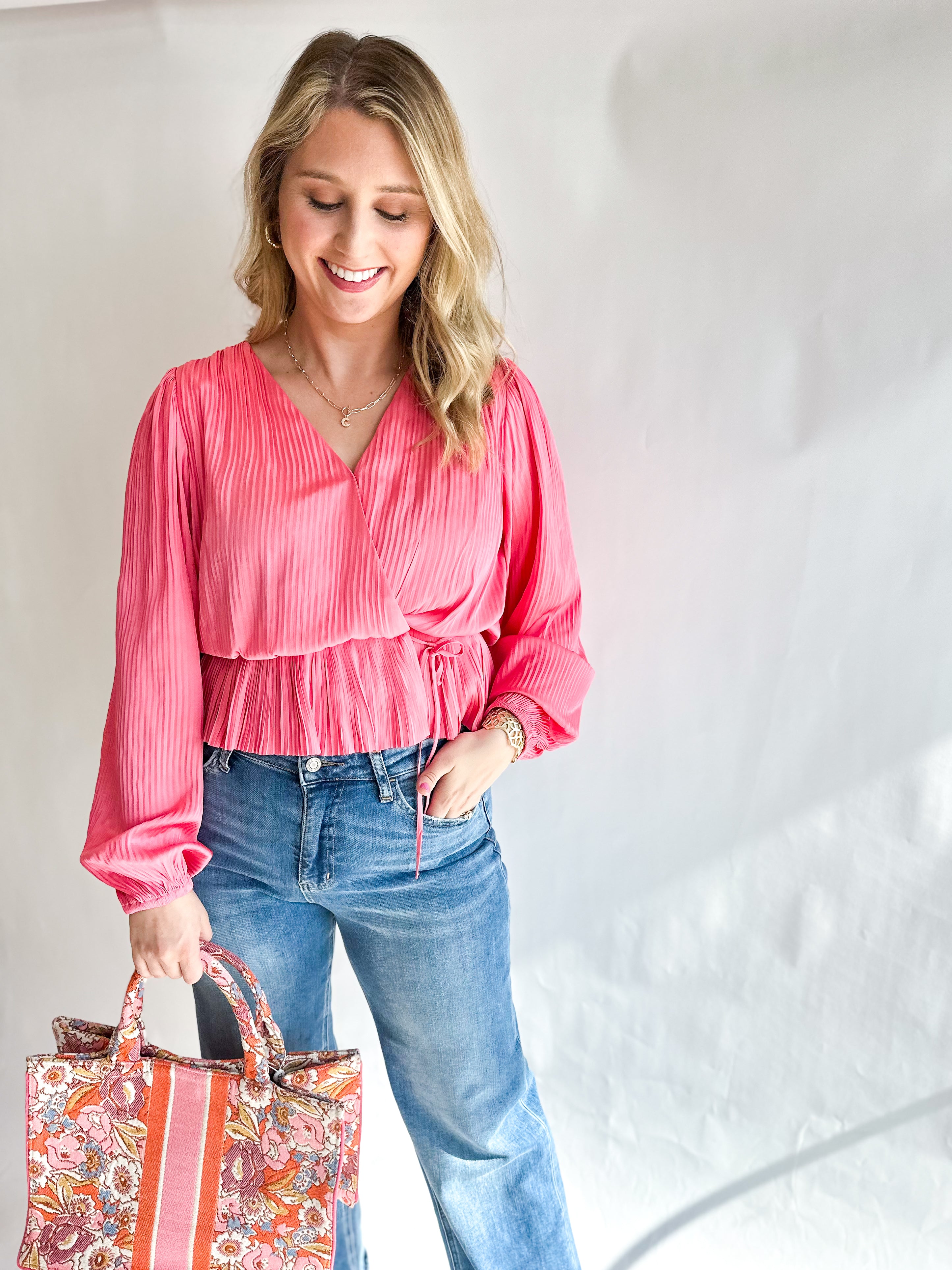 Brink Pink Pleated Blouse-200 Fashion Blouses-CURRENT AIR CLOTHING-July & June Women's Fashion Boutique Located in San Antonio, Texas