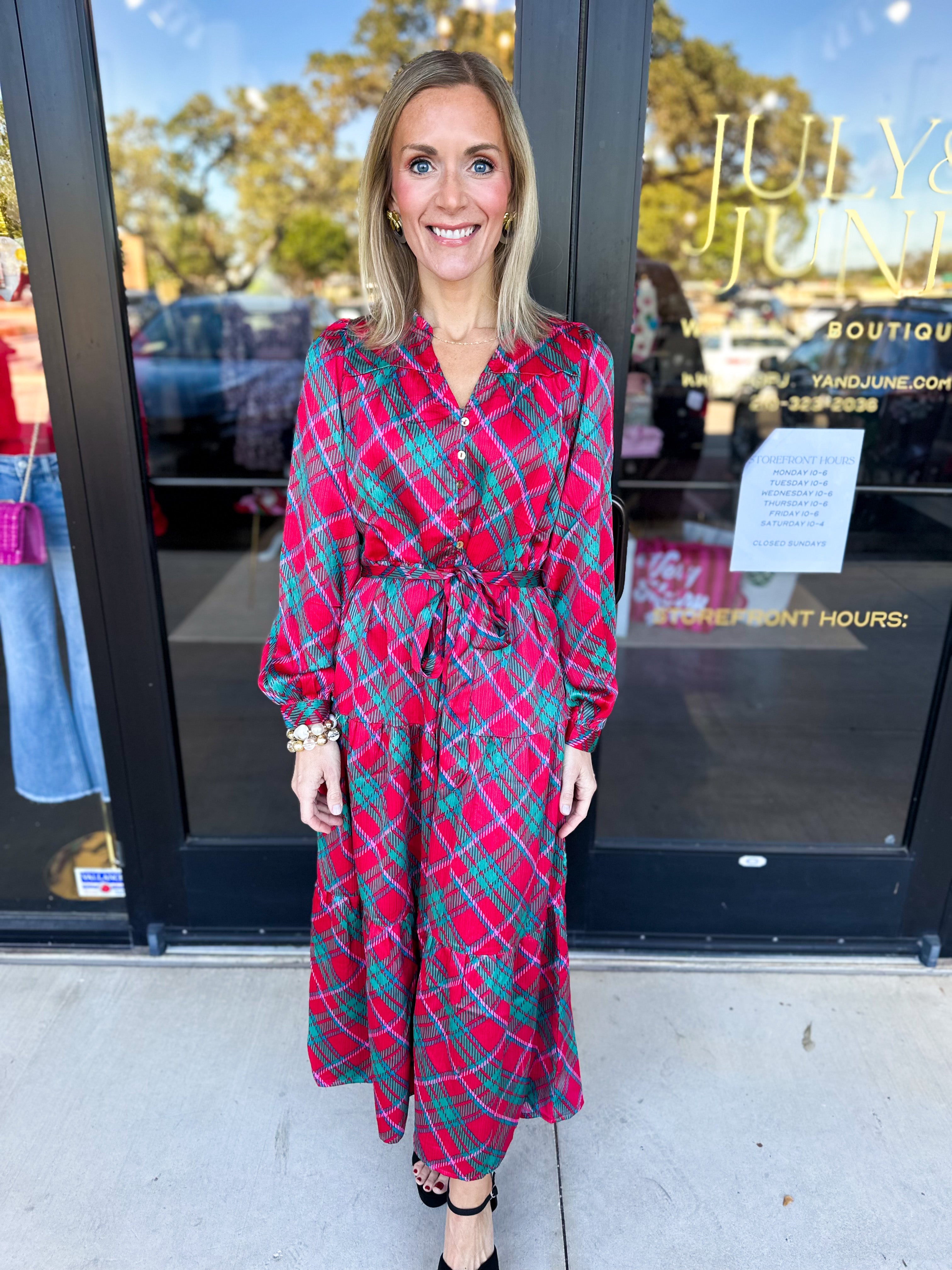 Mary Square - Gracelyn Plaid About You Pink Midi Dress-500 Midi-MARY SQUARE-July & June Women's Fashion Boutique Located in San Antonio, Texas
