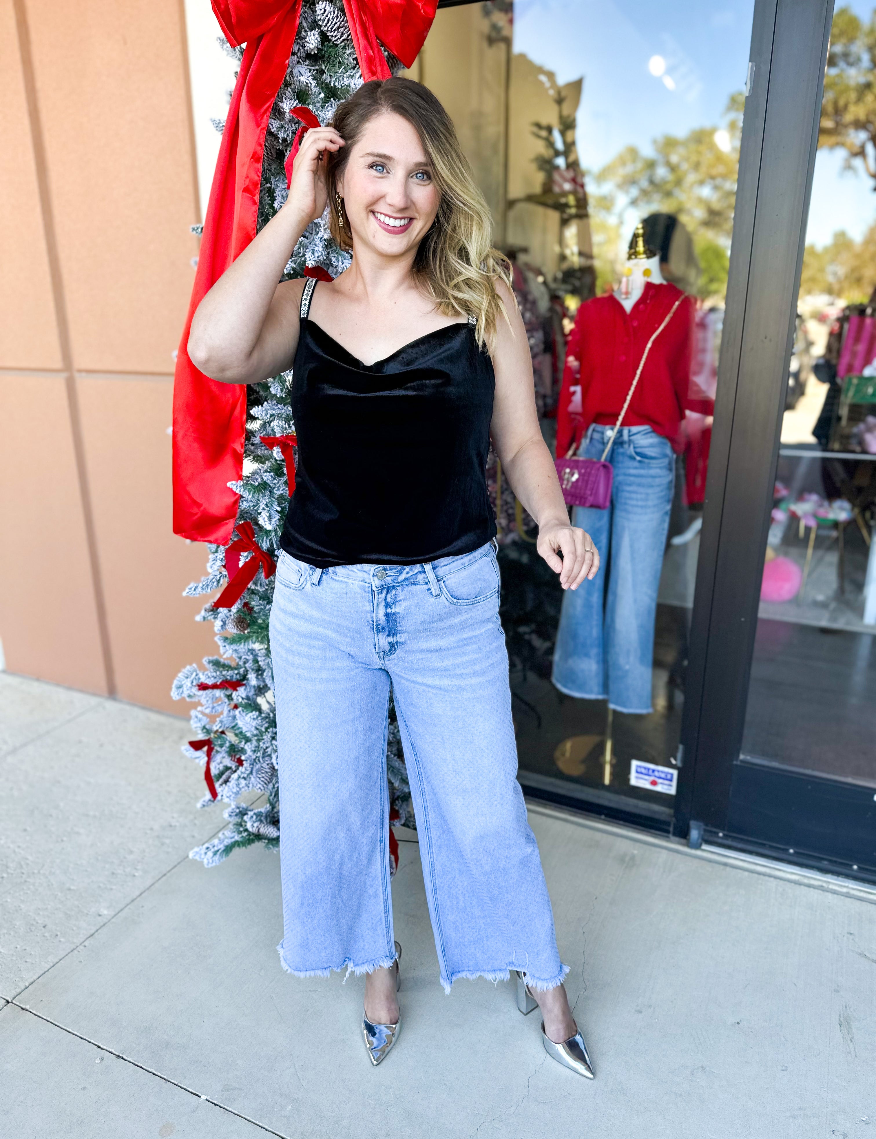 Velvet & Rhinestone Cami-200 Fashion Blouses-SKIES ARE BLUE-July & June Women's Fashion Boutique Located in San Antonio, Texas