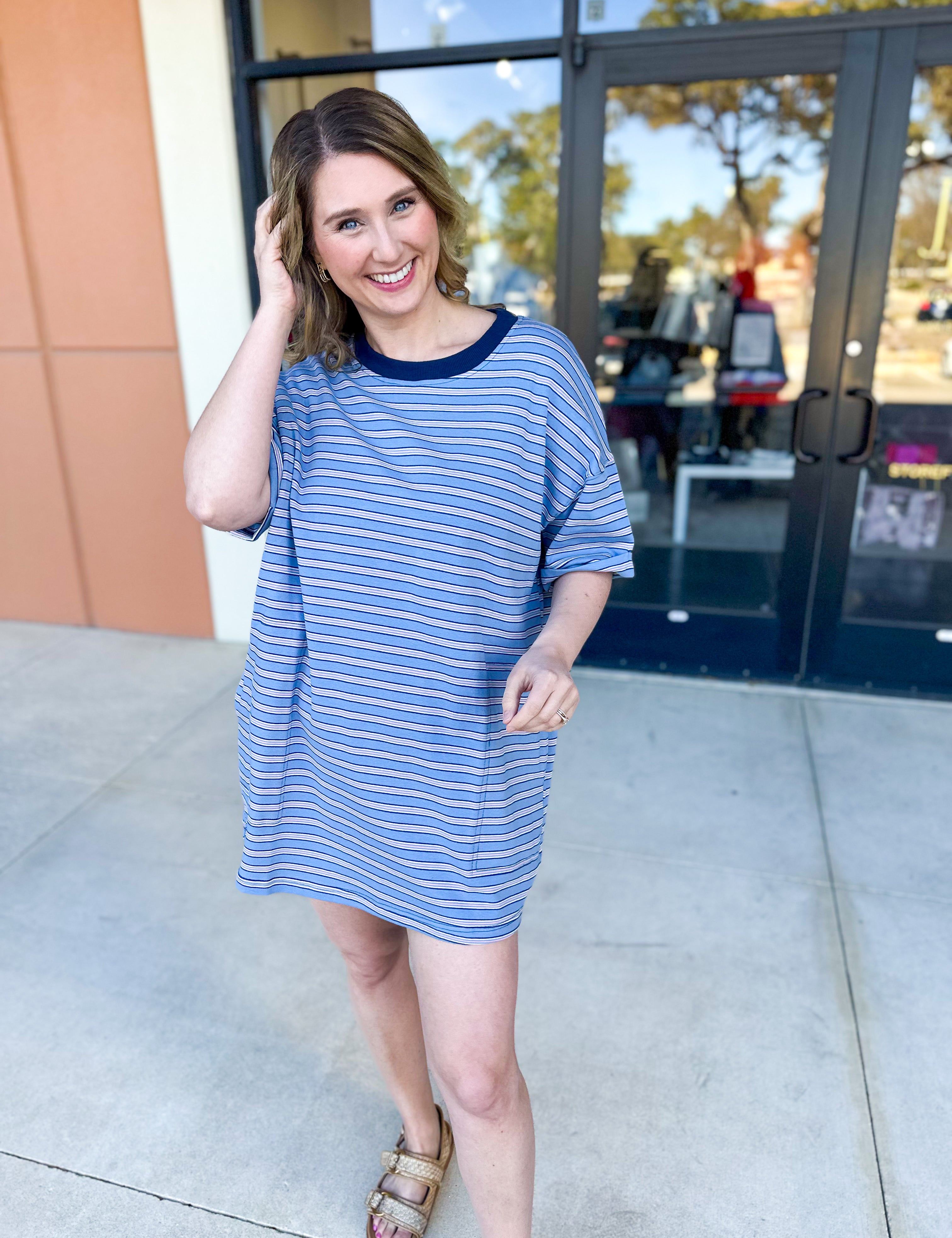 Oversized T-Shirt Mini Dress - Blue-510 Mini-VEVERET CLOTHING-July & June Women's Fashion Boutique Located in San Antonio, Texas