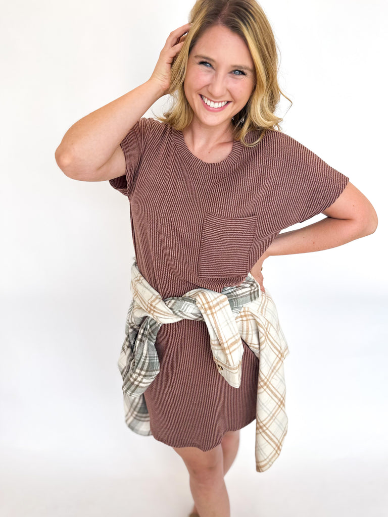Ribbed T-shirt Dress- Chocolate-510 Mini-ENTRO-July & June Women's Fashion Boutique Located in San Antonio, Texas